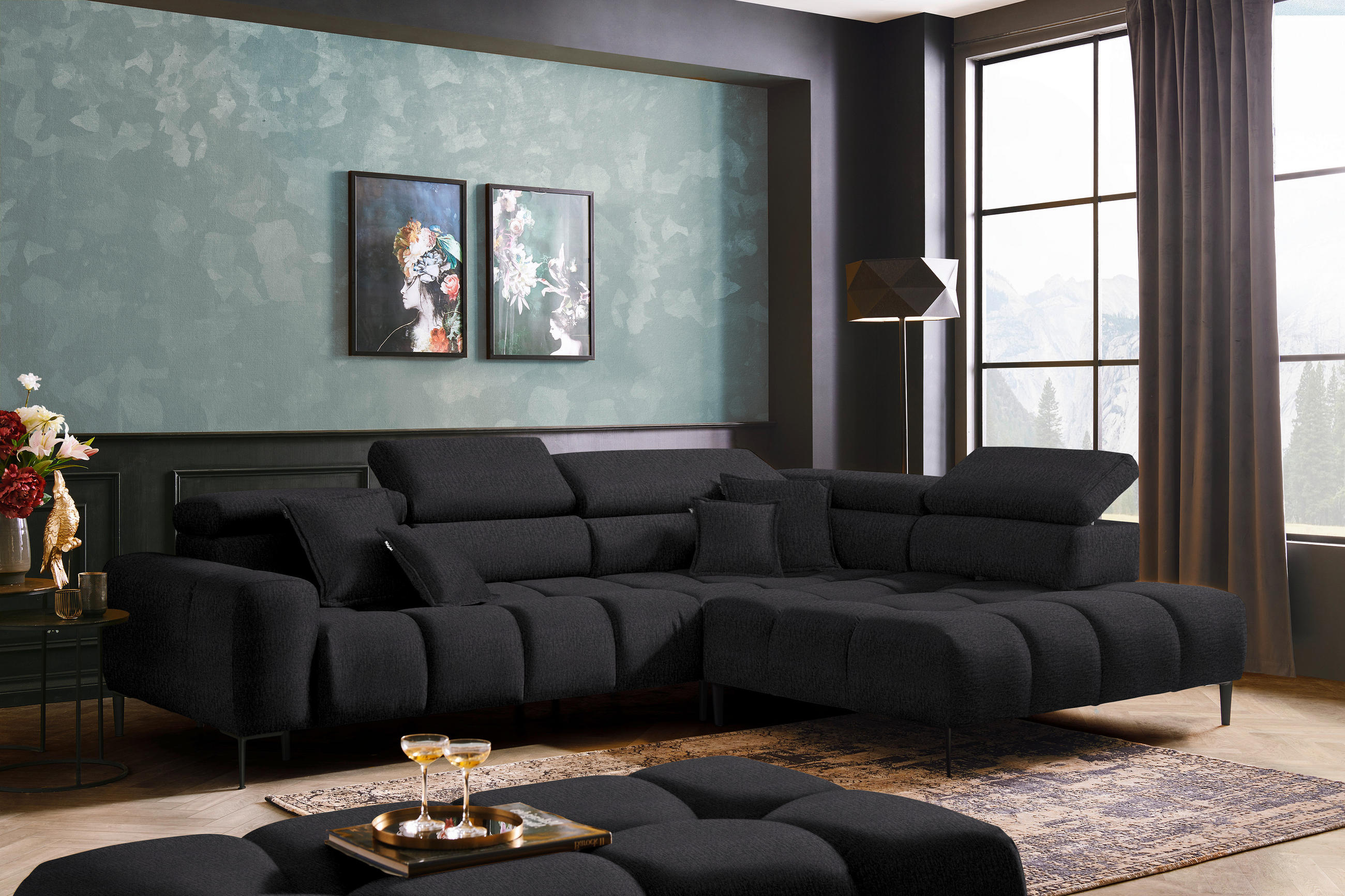 ECKSOFA Dunkelgrau Samt, Webstoff  - Dunkelgrau/Schwarz, Design, Textil/Metall (300/216cm) - Welnova