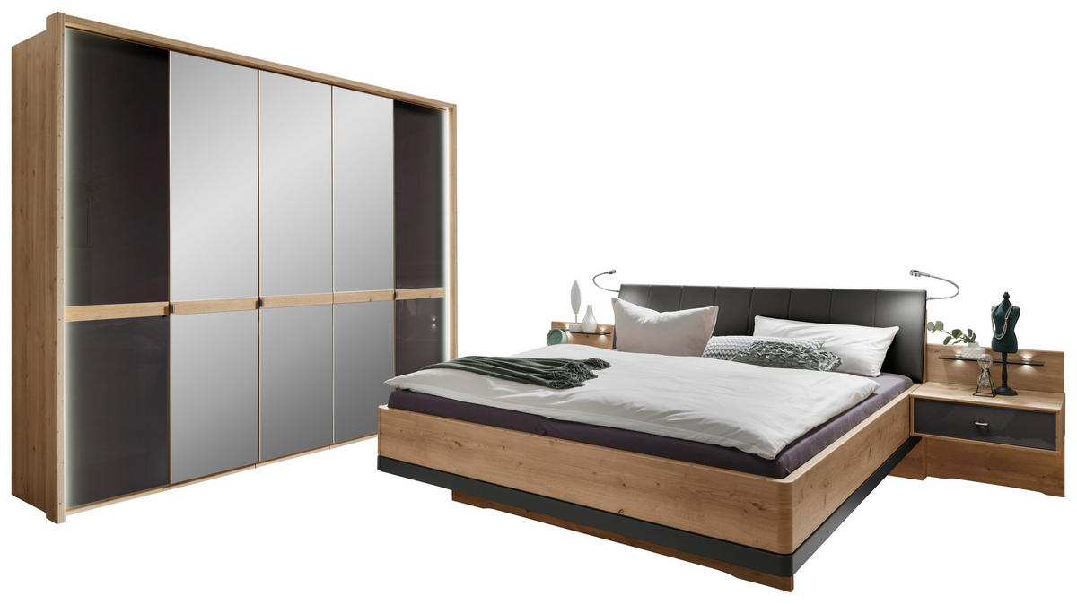 BETTANLAGE 180/200 cm  in Graphitfarben, Eichefarben   - Eichefarben/Graphitfarben, Konventionell, Glas/Holzwerkstoff (180/200cm) - Novel