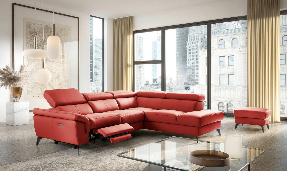 ECKSOFA SONO in Lederlook Echtleder Rot Armteilverstellung, Kopfteilverstellung  265/210 cm  - Rot/Schwarz, Design, Leder/Textil (265/210cm) - Livetastic