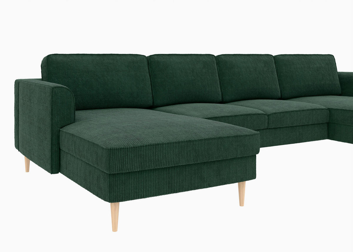 WOHNLANDSCHAFT Dunkelgrün Cord  - Dunkelgrün/Buchefarben, MODERN, Holz/Textil (161/306/161cm) - Trendmanufaktur