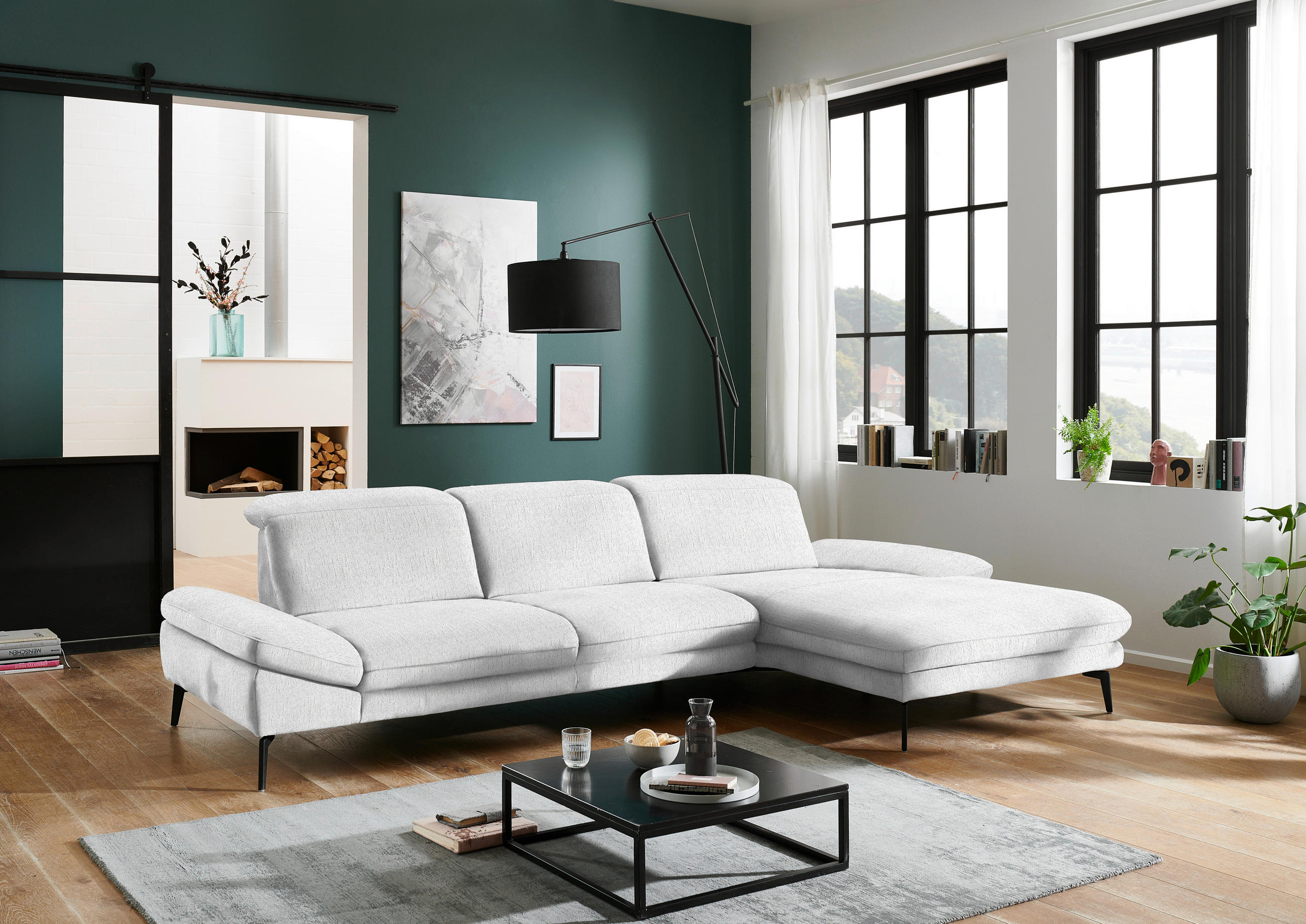 ECKSOFA in Chenille Weiss  - Weiss/Schwarz, Design, Textil/Metall (319/188cm) - Beldomo System