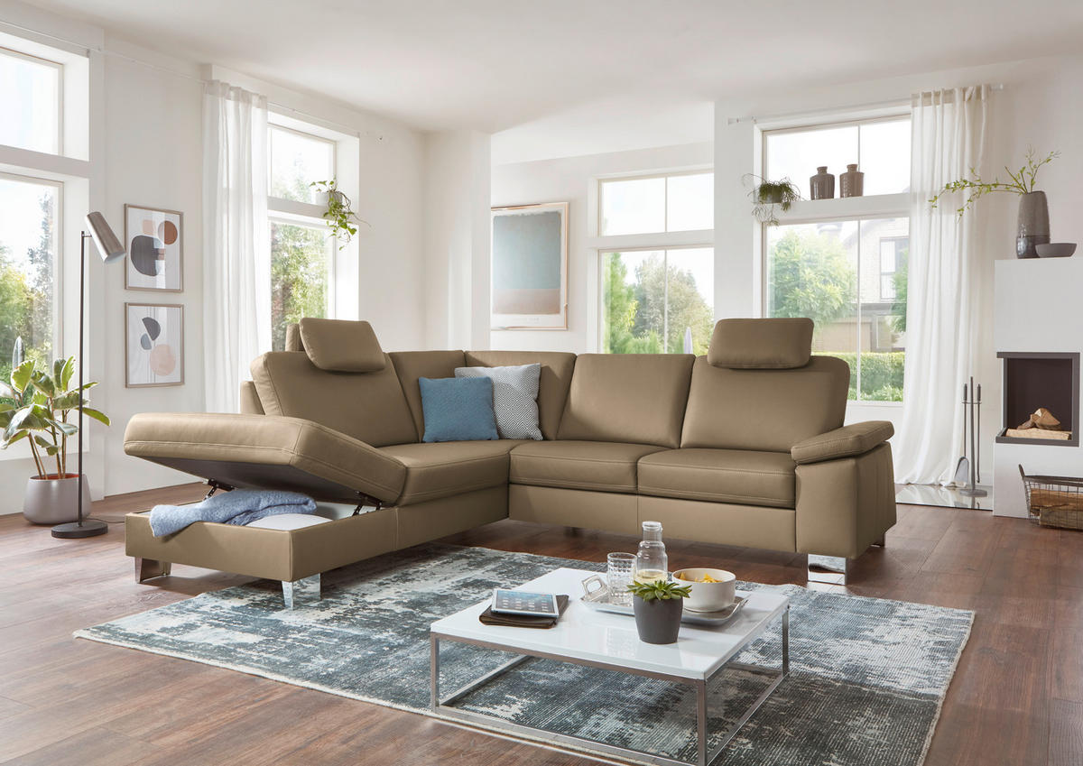 ECKSOFA  in Echtleder Cappuccino  235/248 cm  - Alufarben/Cappuccino, Design, Leder/Metall (235/248cm) - Beldomo Premium