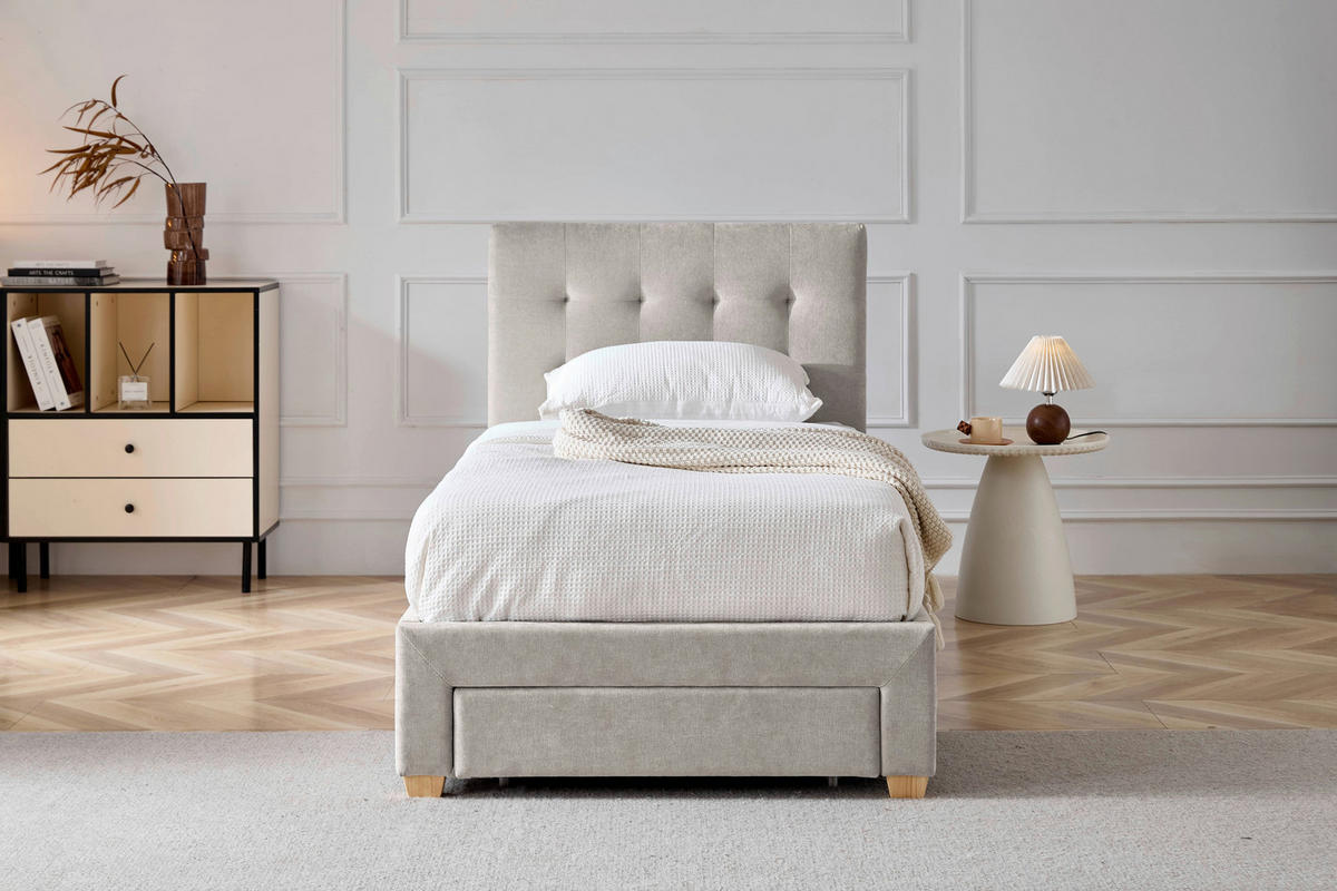 POLSTERBETT 90/200 cm, inkl. gepolstertes Kopfteil, Lattenrost, Bettschubladen,  in Beige  - Beige/Naturfarben, Design, Holz/Textil (90/200cm) - Boxxx