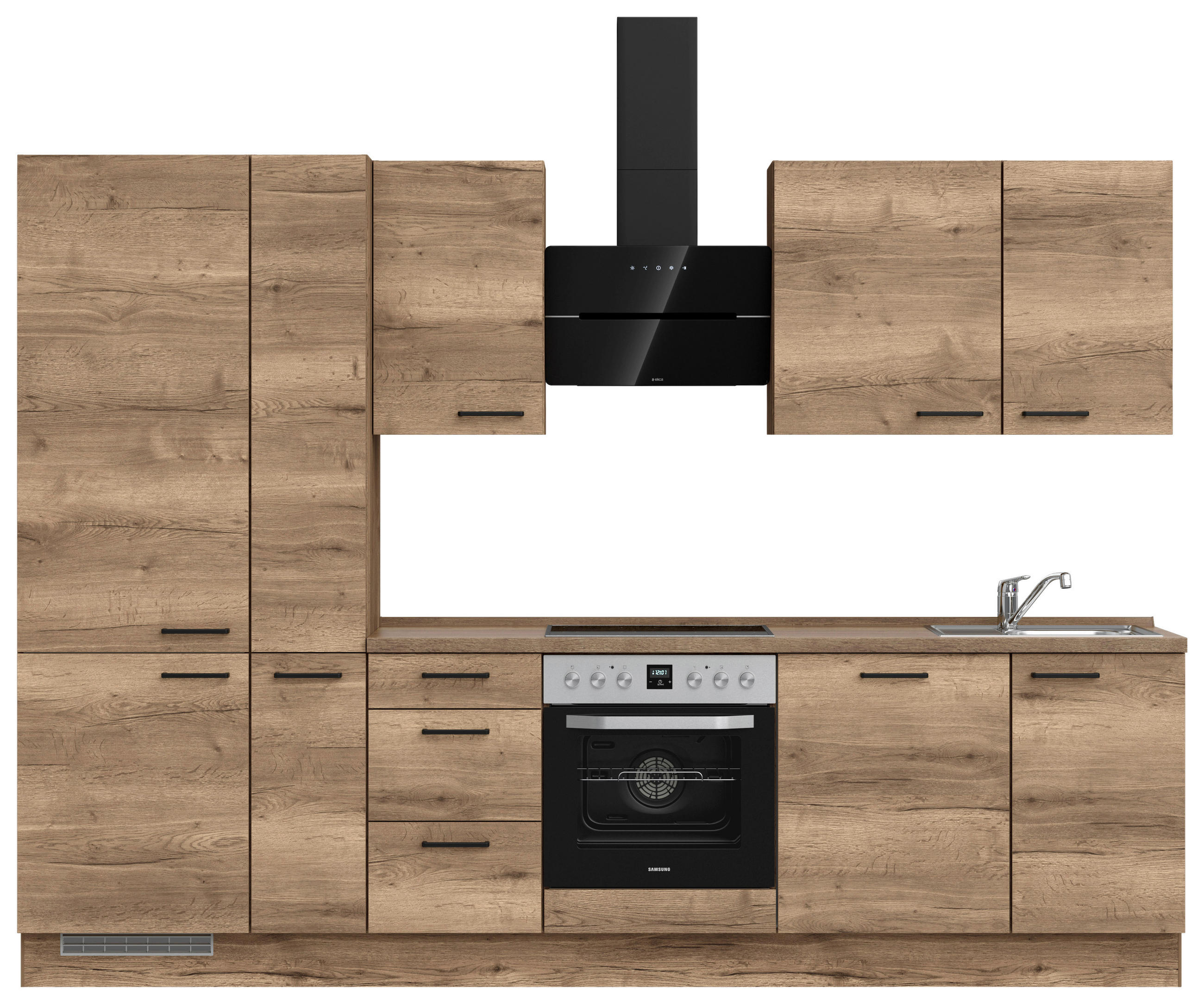 BUCĂTĂRIE FĂRĂ ELECTROCASNICE  - stejar închis la culoare/negru, Modern, metal/material pe bază de lemn (300cm) - Nobilia