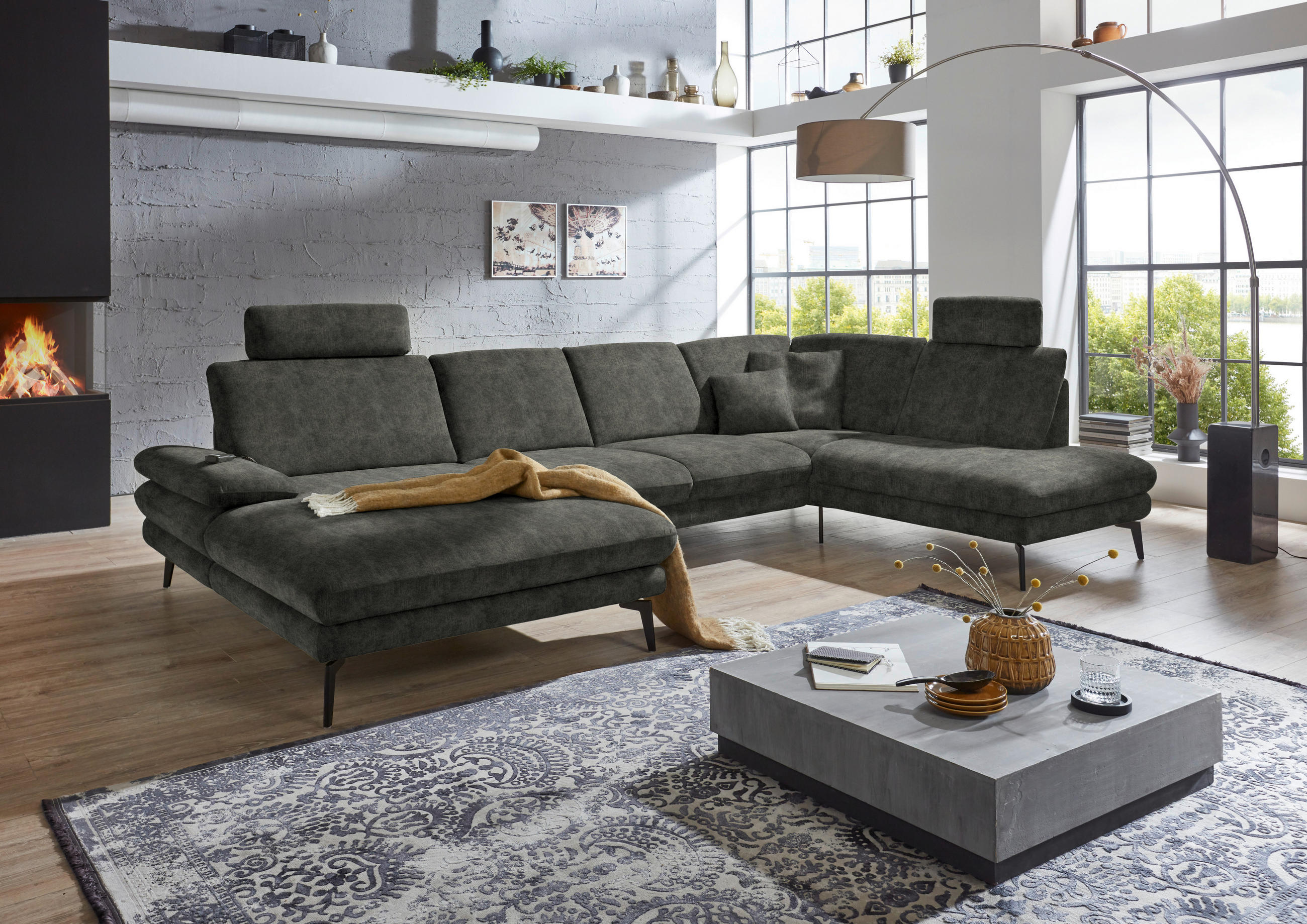 WOHNLANDSCHAFT in Velours Dunkelgrau  - Dunkelgrau/Schwarz, Design, Textil/Metall (180/344/208cm) - Dieter Knoll