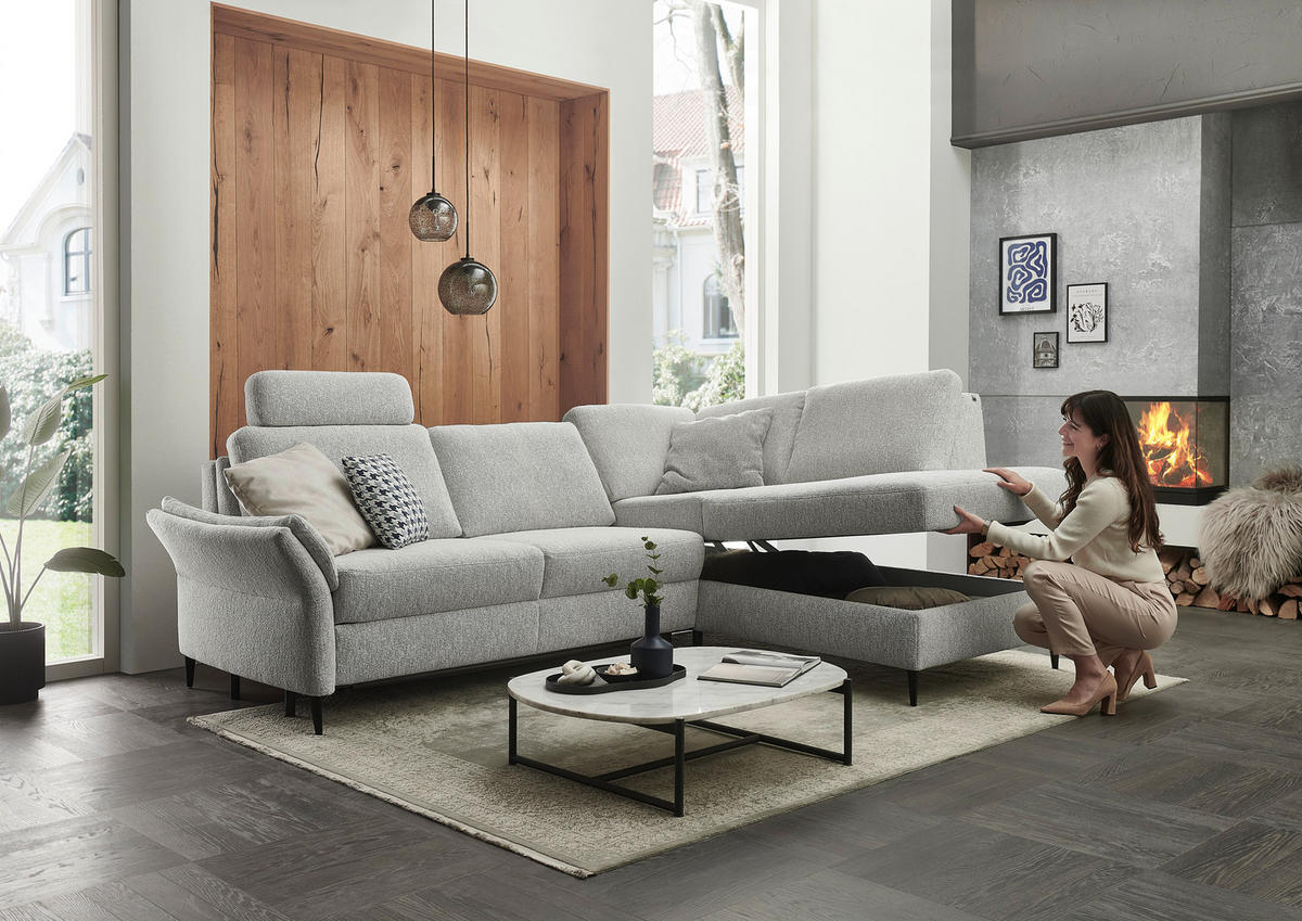 ECKSOFA Webstoff Ecru  - Ecru/Schwarz, Konventionell, Textil/Metall (277/201cm) - Dieter Knoll