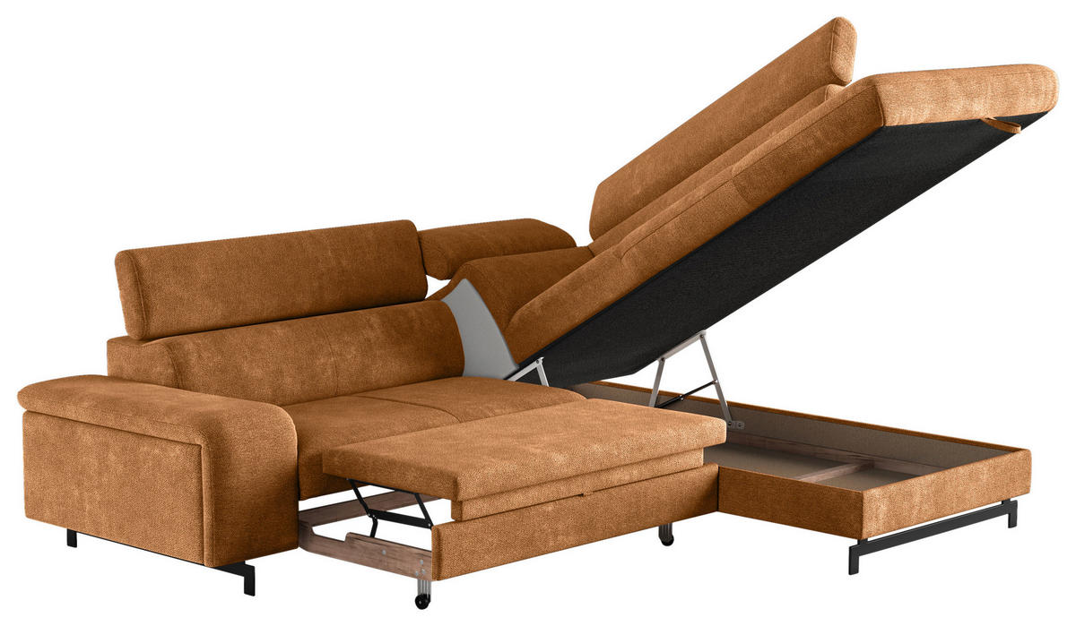 ECKSOFA Cognac Chenille  - Cognac/Schwarz, Textil/Metall (262/215cm) - MID.YOU