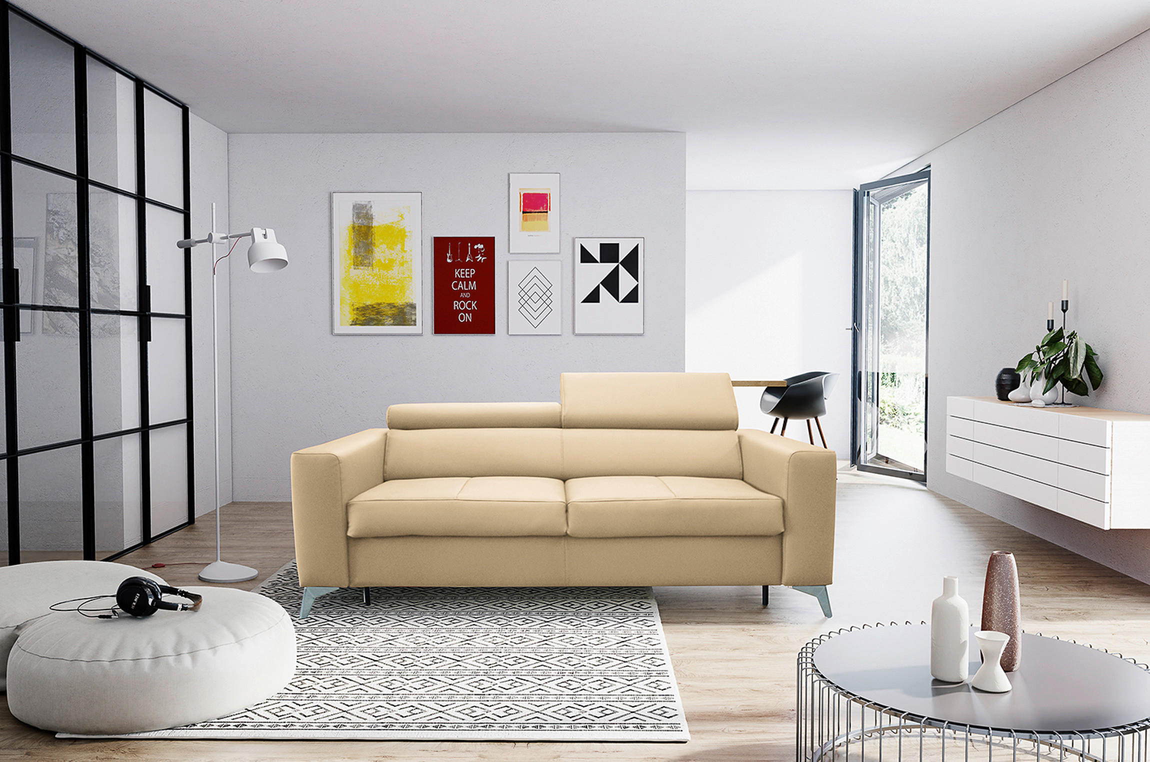 SCHLAFSOFA Beige Echtleder Lederlook  - Beige/Silberfarben, Design, Leder/Textil (206/95/101cm) - Livetastic