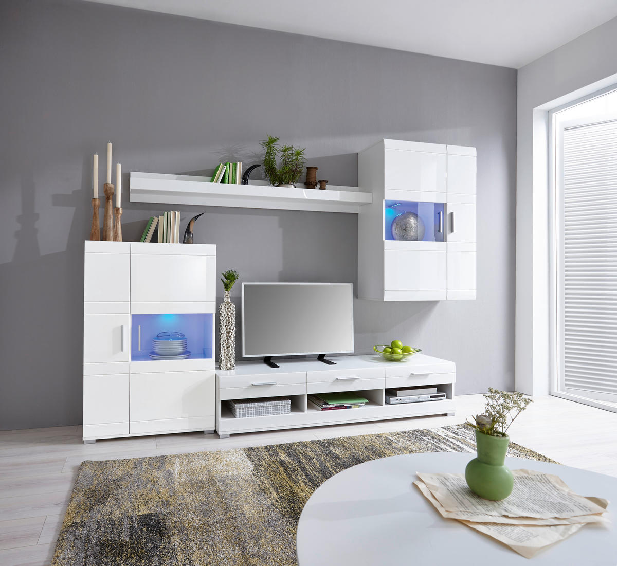 REGAL ZA DNEVNI BORAVAK bijela, bijela visoki sjaj   - bijela/srebrne boje, Design, staklo/drvni materijal (265/186/44cm) - Xora