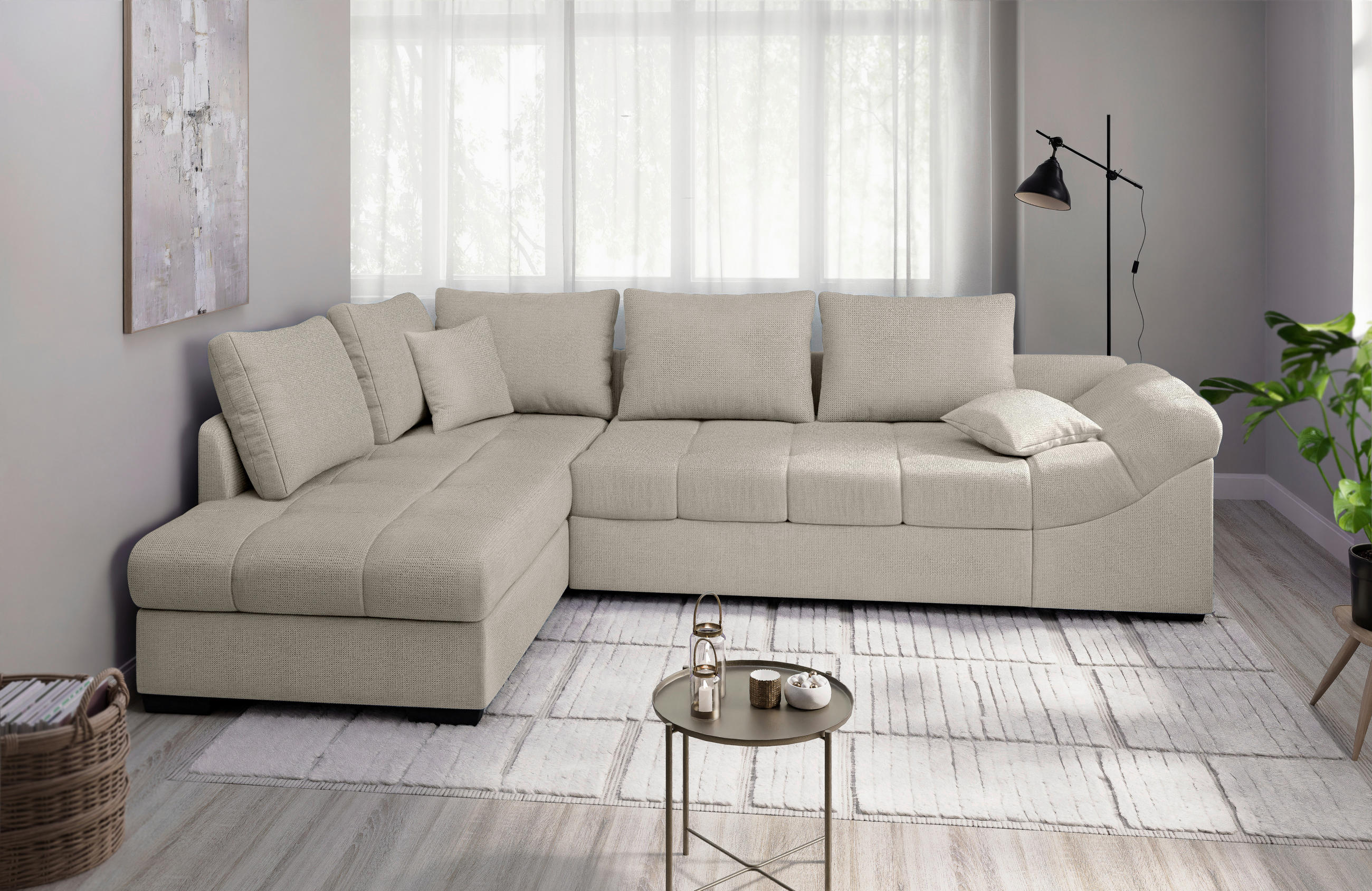ECKSCHLAFSOFA in Beige Textil   - Beige/Schwarz, Modern, Holz/Textil (202/298cm) - MID.YOU