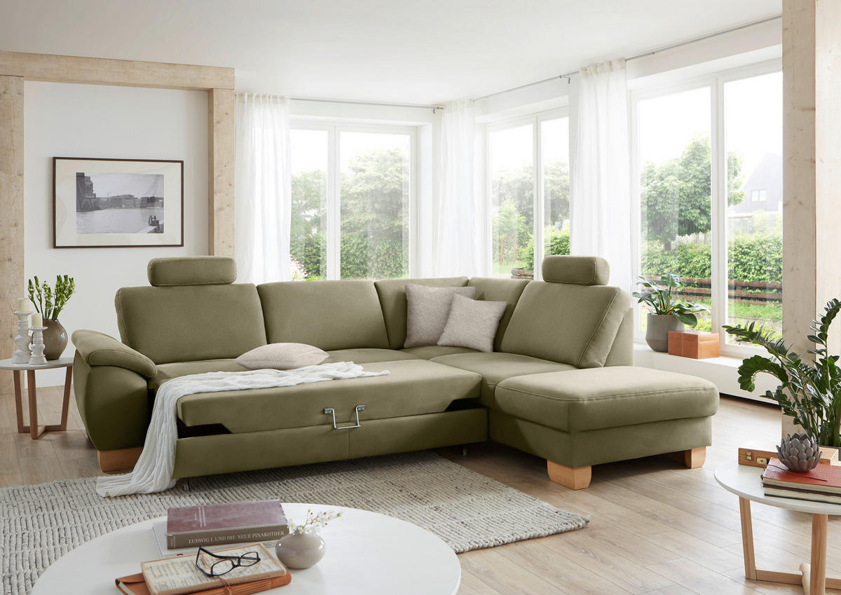 ECKSOFA in Mikrofaser Hellgrün  - Wildeiche/Beige, Natur, Holz/Textil (286/236cm) - Voleo