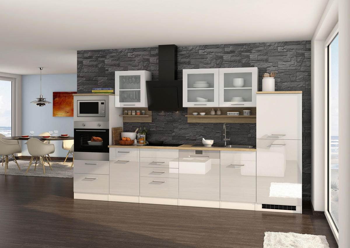 KÜCHENBLOCK 340 cm   in Weiß, Eichefarben, Weiß Hochglanz  - Chromfarben/Eichefarben, MODERN, Holzwerkstoff/Metall (340cm) - Held