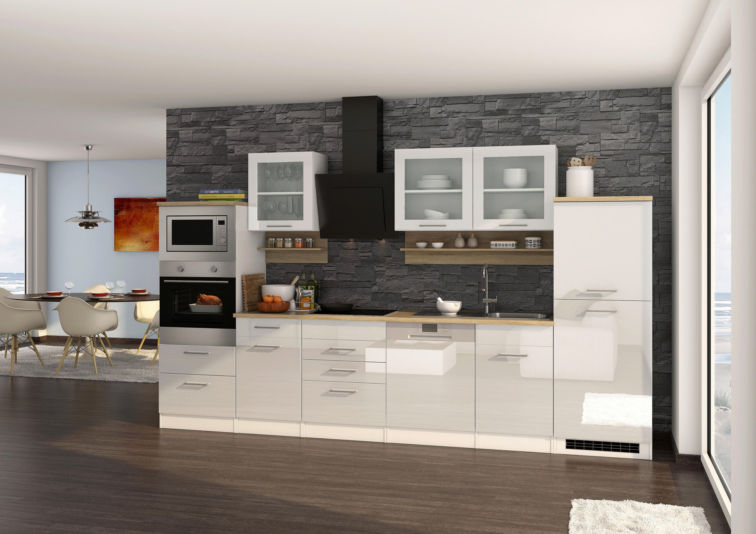 Küchenzeile Mailand mit Geräten 340 cm Weiß Elegant