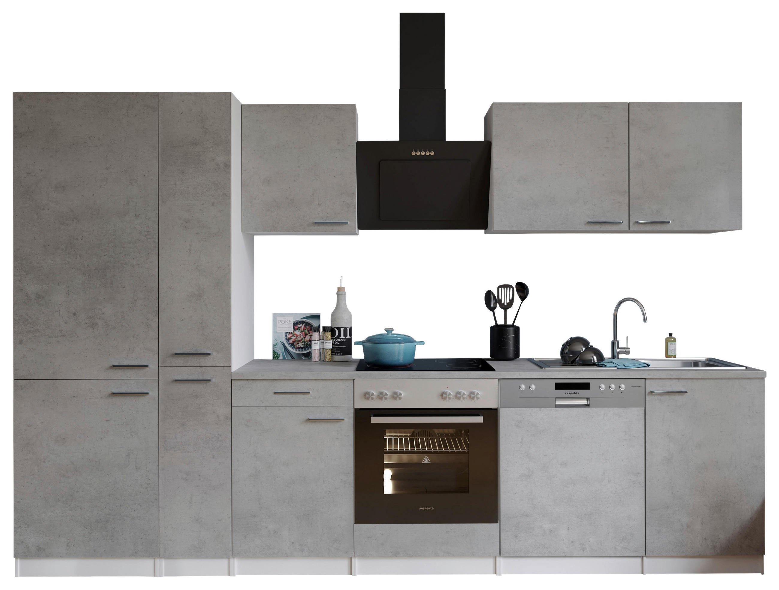 KÜCHENBLOCK 310 cm in Grau, Weiß - Edelstahlfarben/Weiß, Basics, Holzwerkstoff/Metall (310cm) - Respekta