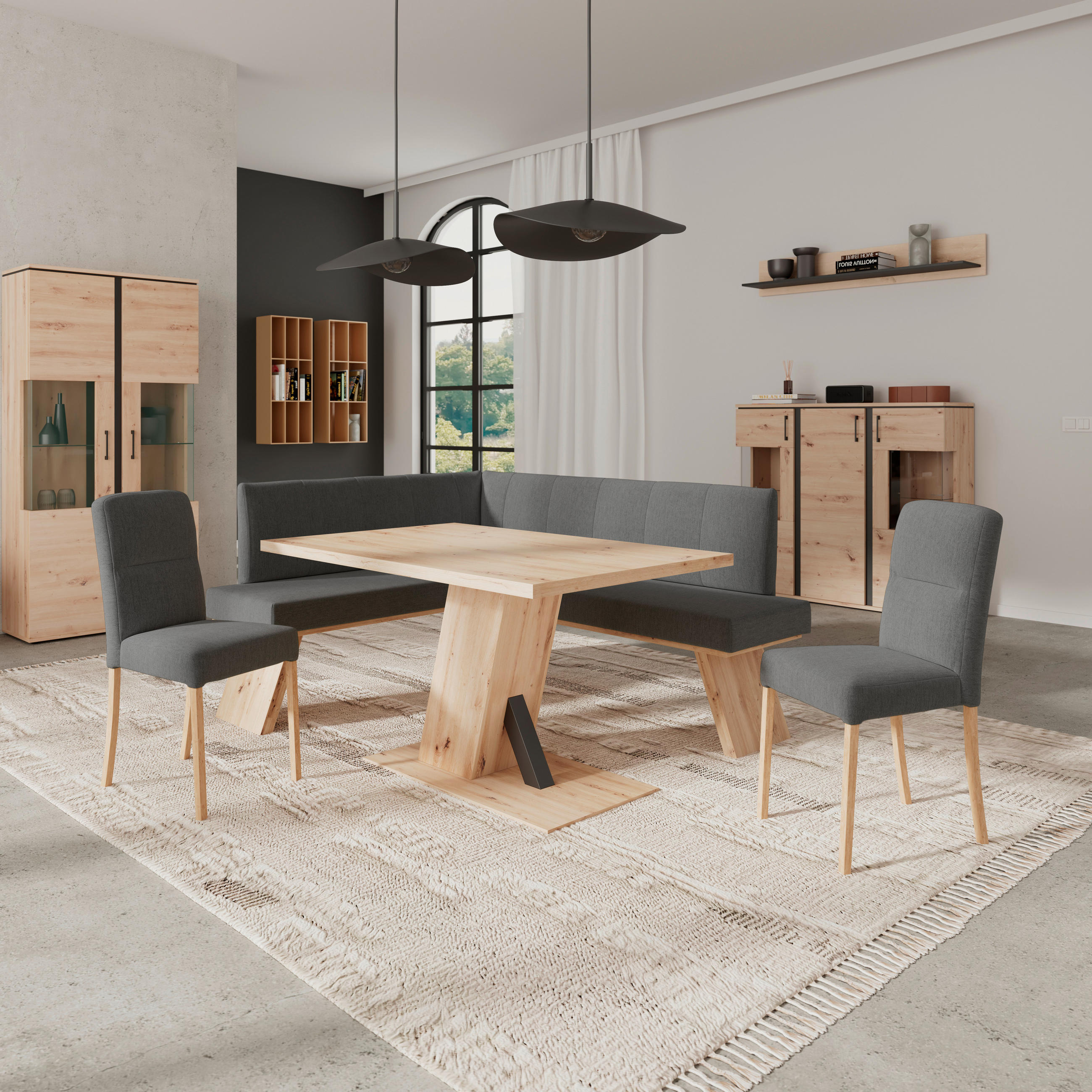 ECKBANK 140/160 cm Webstoff Schwarz   - Eichefarben/Schwarz, KONVENTIONELL, Textil (140/160cm)