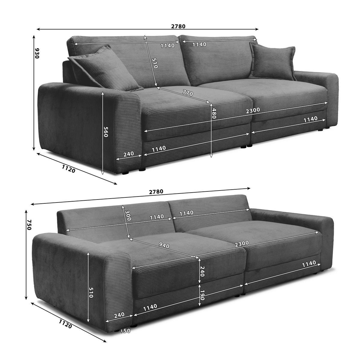 BIGSOFA Cord Terracotta  - Terracotta/Schwarz, MODERN, Kunststoff/Textil (278/93/112cm) - Carryhome