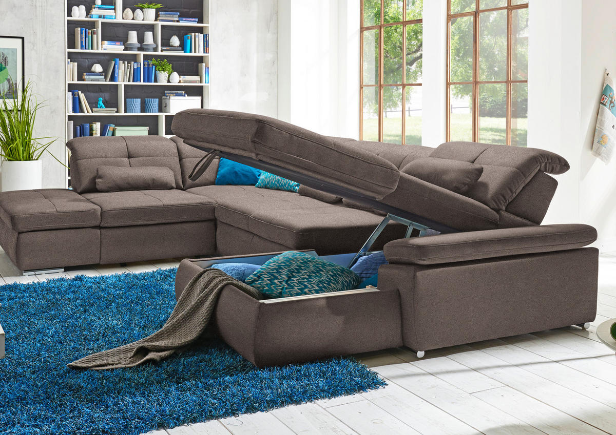 WOHNLANDSCHAFT  in Mikrofaser Graubraun  - Chromfarben/Graubraun, Design, Holzwerkstoff/Textil (260/371/195cm) - Beldomo Style