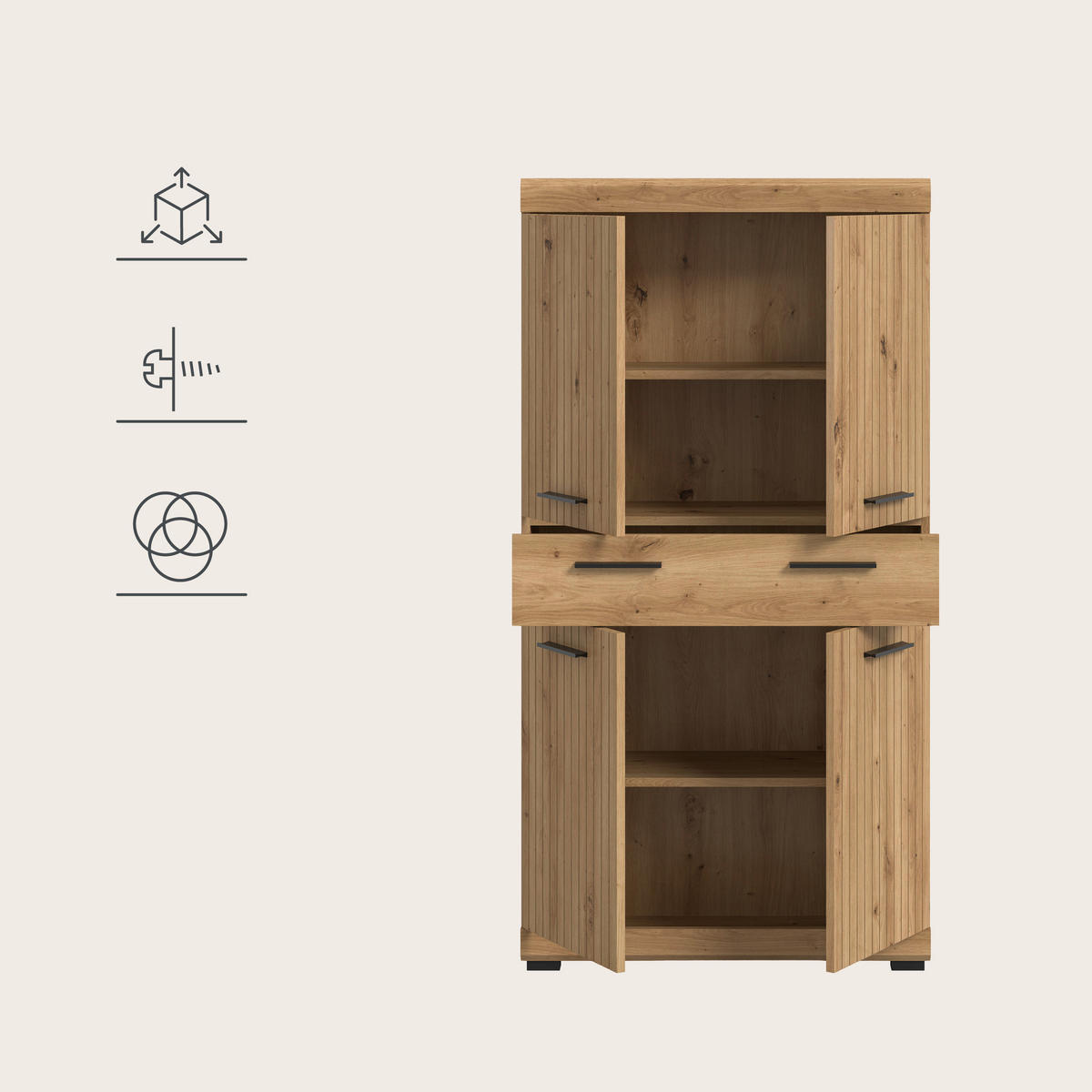 MIDISCHRANK 74/141/31 cm  - Schwarz/Eiche Artisan, Trend, Holzwerkstoff/Kunststoff (74/141/31cm) - MID.YOU