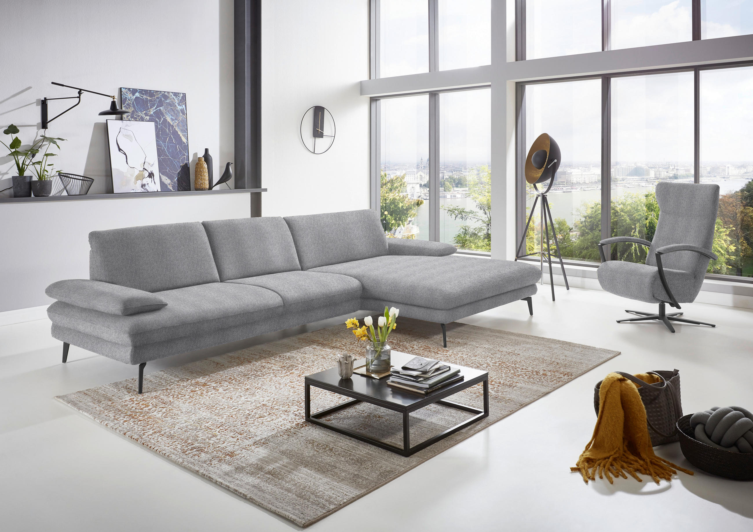 ECKSOFA in Chenille Hellgrau 310/180 cm - Hellgrau/Schwarz, Design, Textil/Metall (310/180cm) - Dieter Knoll