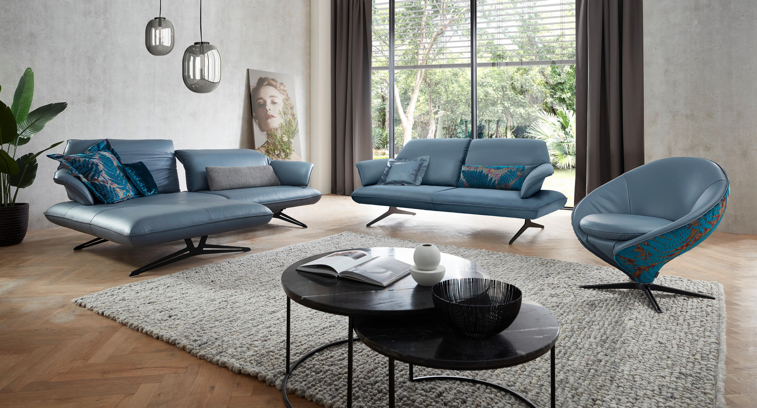 ECKSOFA in Echtleder Blau  - Blau/Beige, Design, Leder/Metall (252/169cm) - Koinor