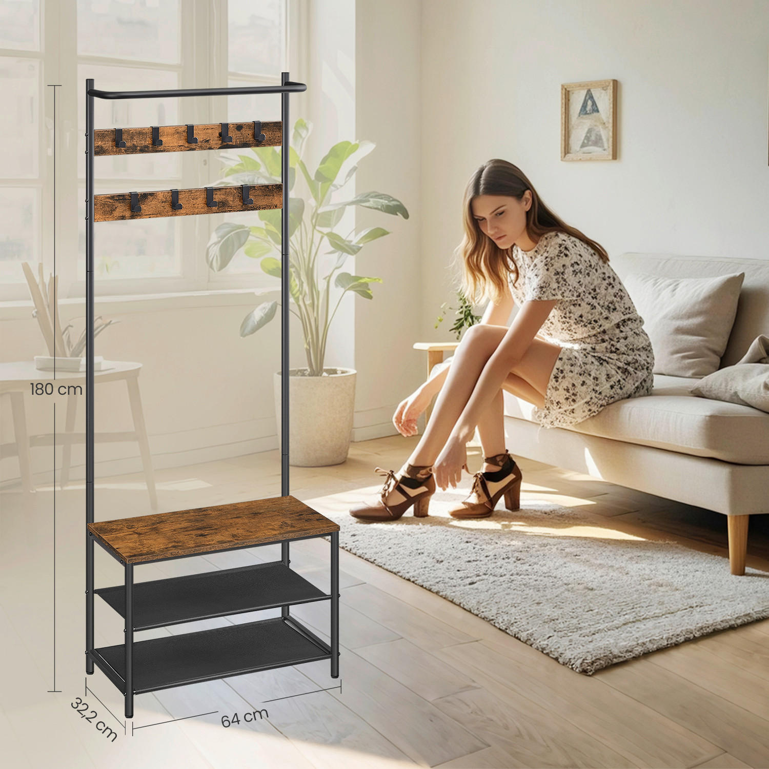 Thumbnail - Mid.you Garderobe, Schwarz, Dunkelgrau, Metall, Holzwerkstoff, 64x180x32.2 cm, Garderobe, Garderoben-Sets & Serien, Gard...