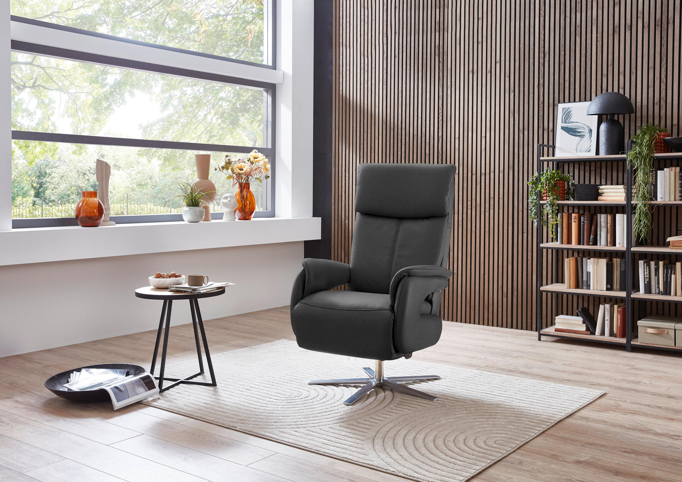 RELAXSESSEL in Leder Anthrazit  - Edelstahlfarben/Anthrazit, Design, Leder/Metall (70/124/85cm) - Cantus