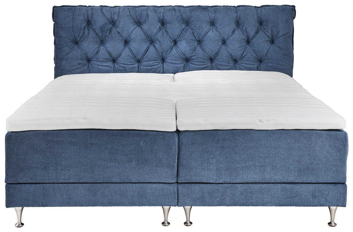 BOXSPRINGBETT 180/200 cm,  in Blau, Matratze, Lattenrost, Topper, H3 + H5 = fest + hart  - Blau/Alufarben, Basics, Textil/Metall (180/200cm) - Welnova