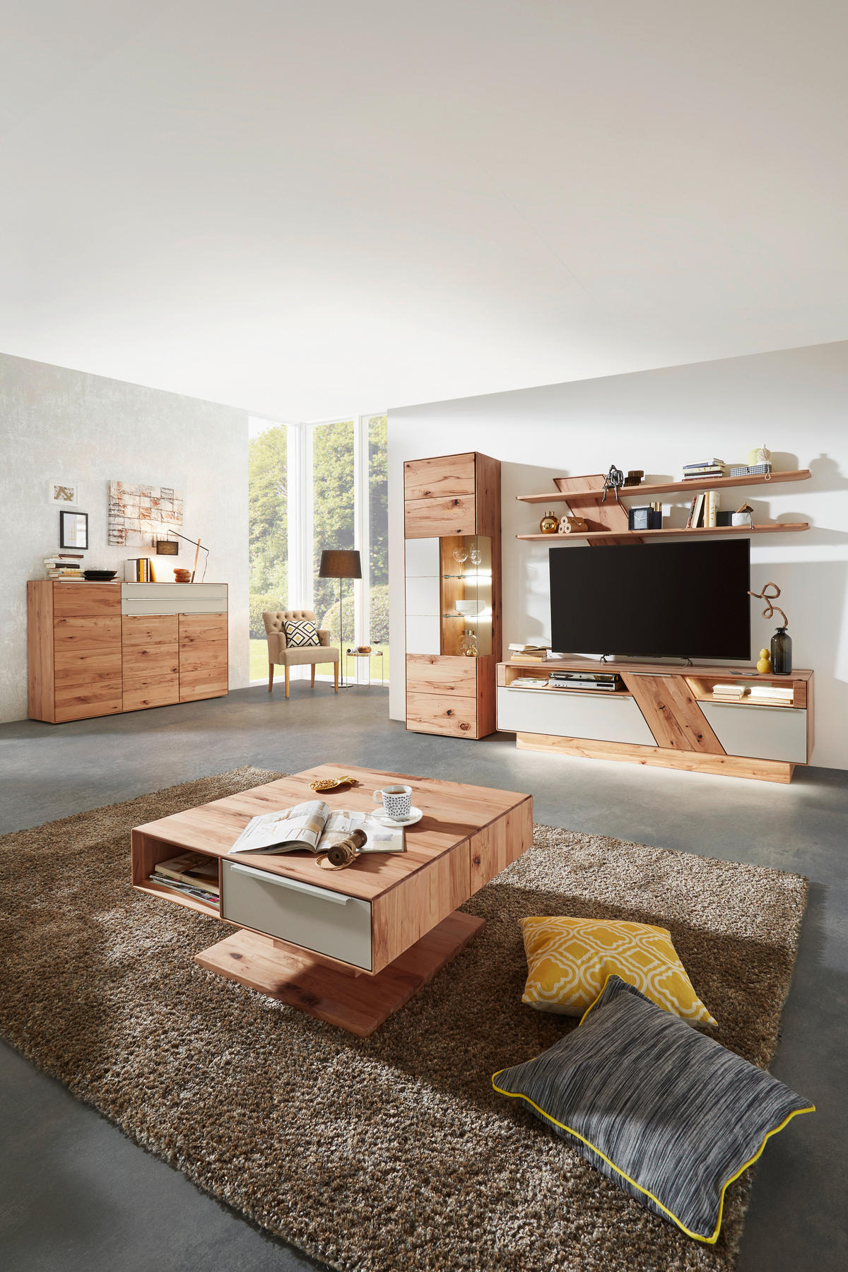 WOHNWAND Sonia  in Weiß, Buchefarben  274/206/54 cm  - Edelstahlfarben/Buchefarben, Design, Glas/Holz (274/206/54cm) - Valnatura