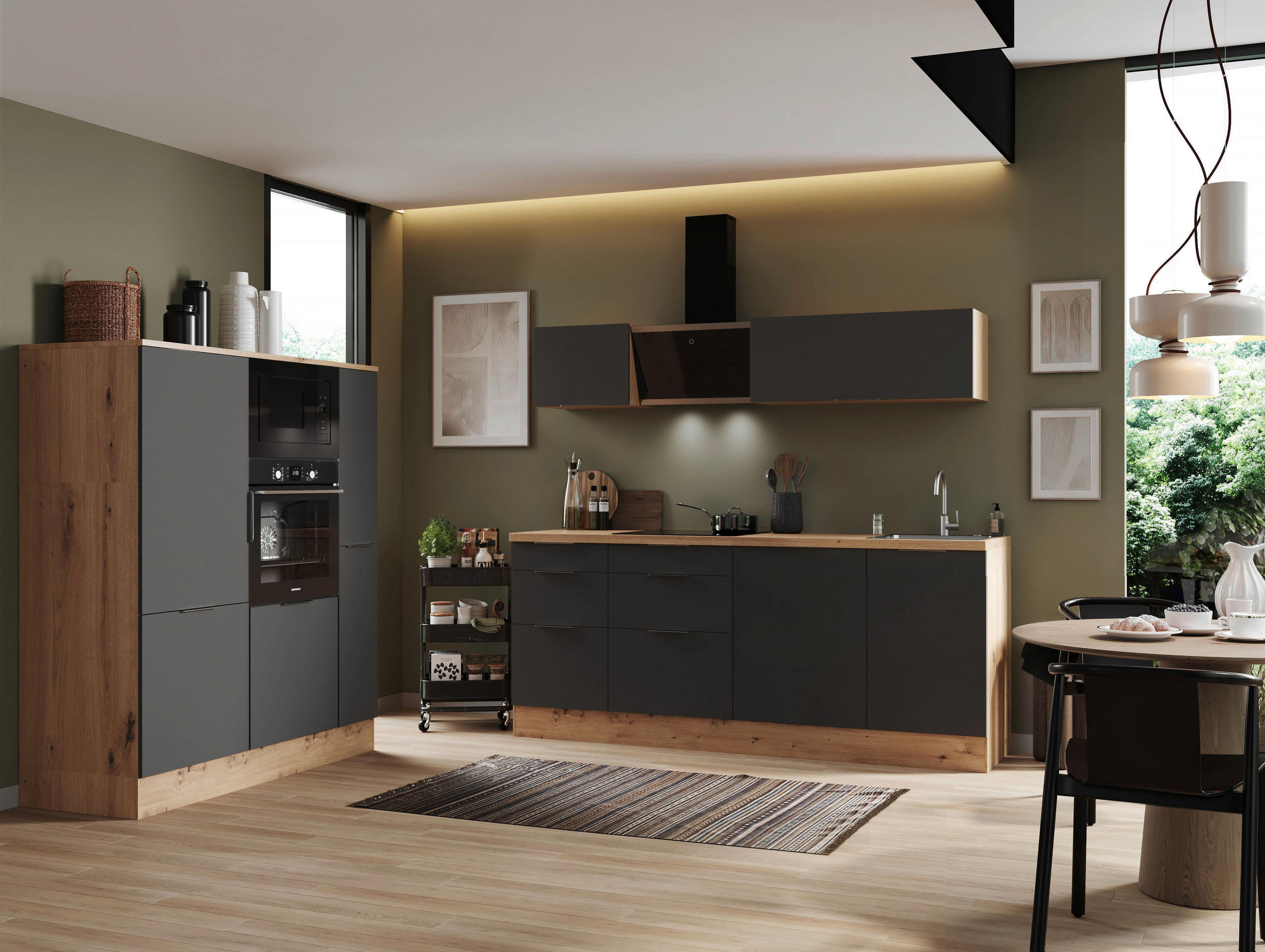 KÜCHENBLOCK 370 cm   in Grau, Eiche Artisan  - Eiche Artisan/Grau, LIFESTYLE, Holzwerkstoff/Metall (370cm) - Respekta