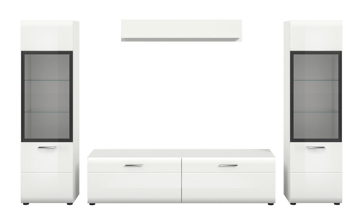 WOHNWAND 4-teilig  in Weiß, Weiß Hochglanz  280/160/41 cm  - Weiß Hochglanz/Silberfarben, Design, Glas/Holzwerkstoff (280/160/41cm) - Livetastic