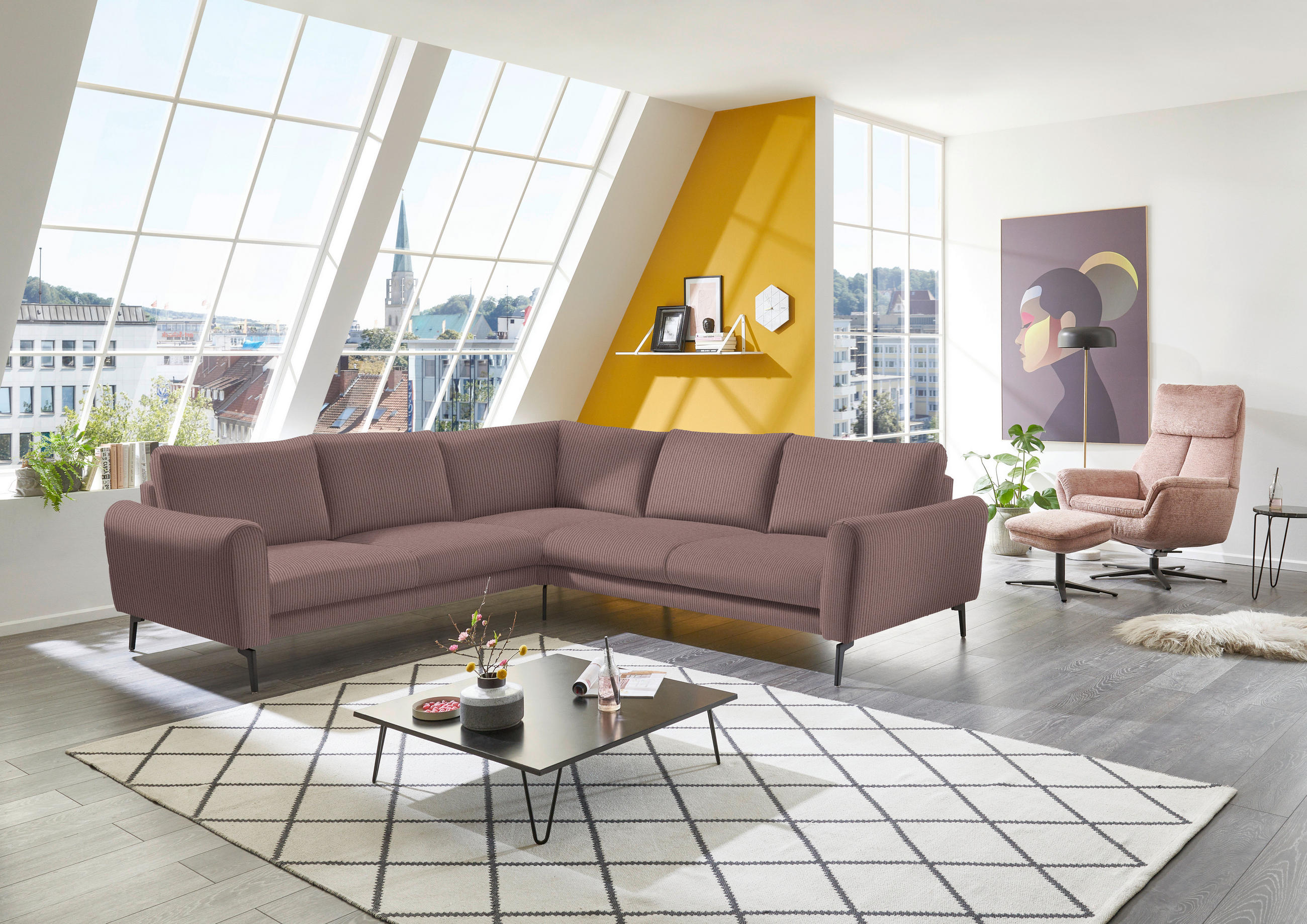 ECKSOFA in Velours, Feincord Altrosa  - Schwarz/Altrosa, Design, Textil/Metall (254/280cm) - Beldomo Style