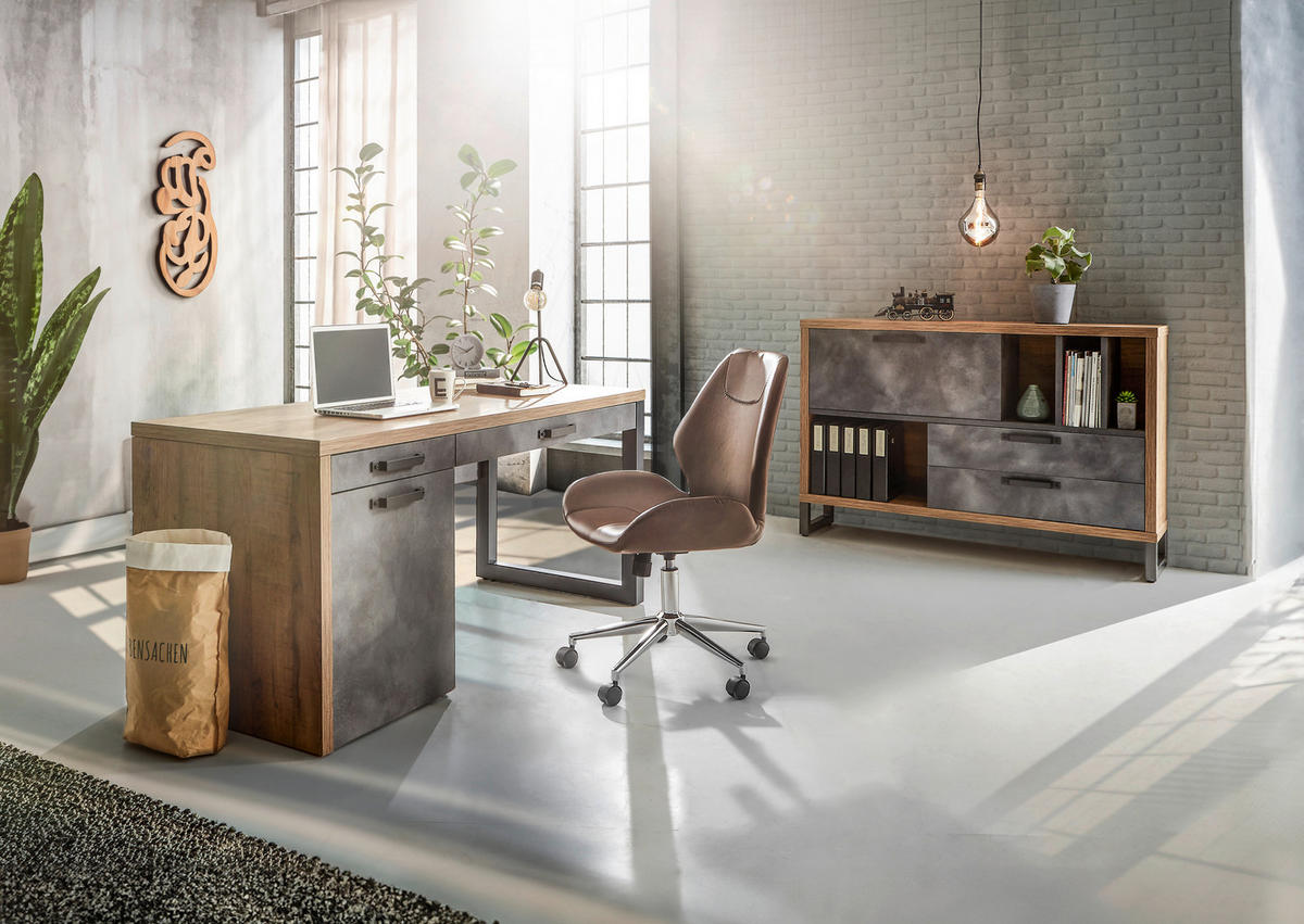 Birou in material pe bază de lemn  - culoare lemn stejar/gri, Trend, metal/material pe bază de lemn (170/69/76cm) - Stylife