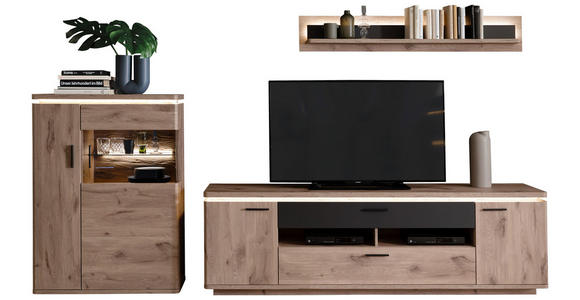 WOHNWAND 3-teilig  in Anthrazit, Eiche dunkel  310/181/50 cm  - Eiche dunkel/Anthrazit, KONVENTIONELL, Glas/Holzwerkstoff (310/181/50cm) - Cantus