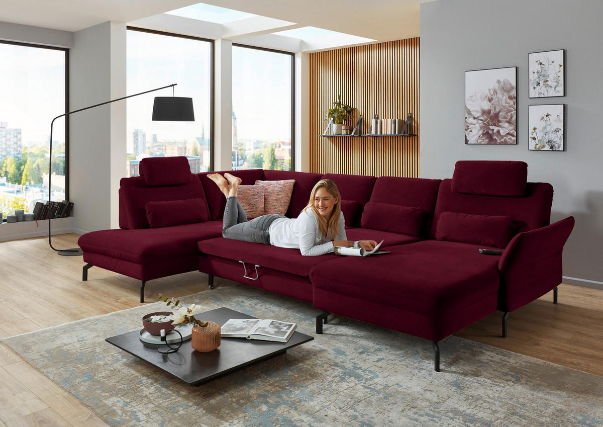 WOHNLANDSCHAFT in Velours Rot, Beere  - Beere/Rot, Design, Textil/Metall (220/335/179cm) - Beldomo System