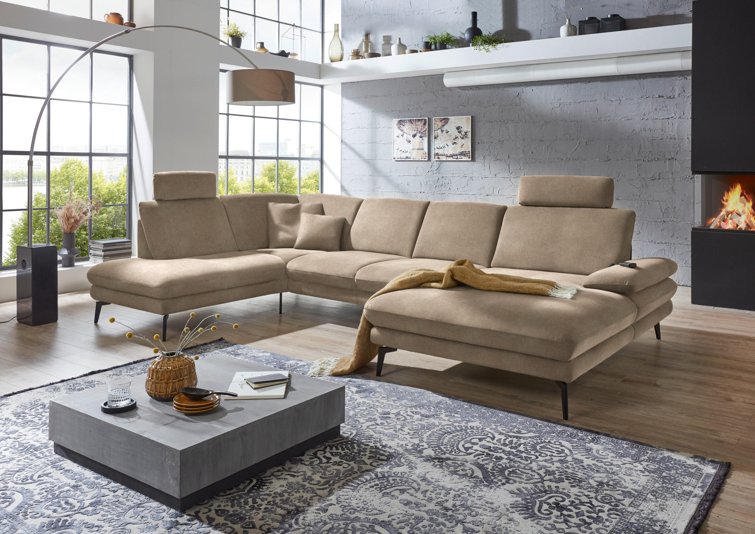 WOHNLANDSCHAFT in Velours Hellbraun  - Hellbraun/Schwarz, Design, Textil/Metall (208/344/180cm) - Dieter Knoll