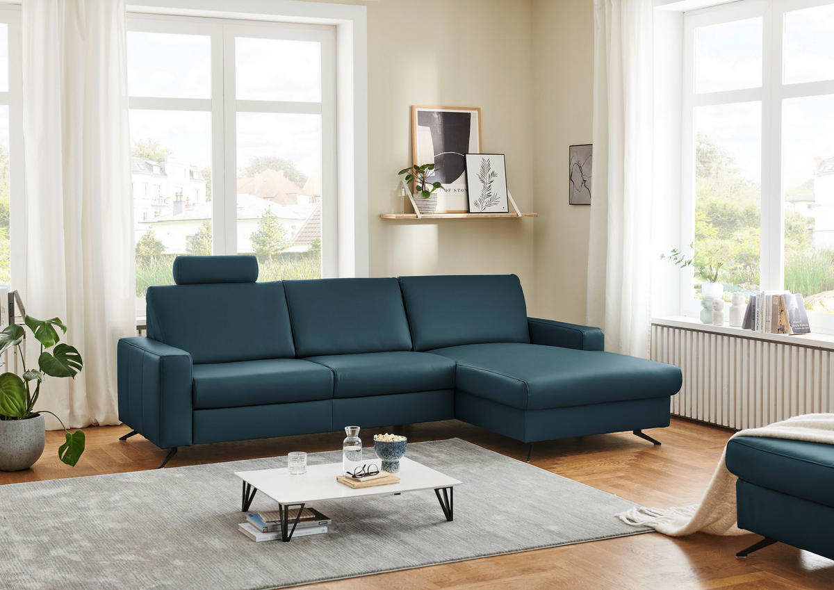 ECKSOFA in Echtleder Blau  - Blau/Schwarz, Design, Leder/Metall (267/165cm) - Lomoco