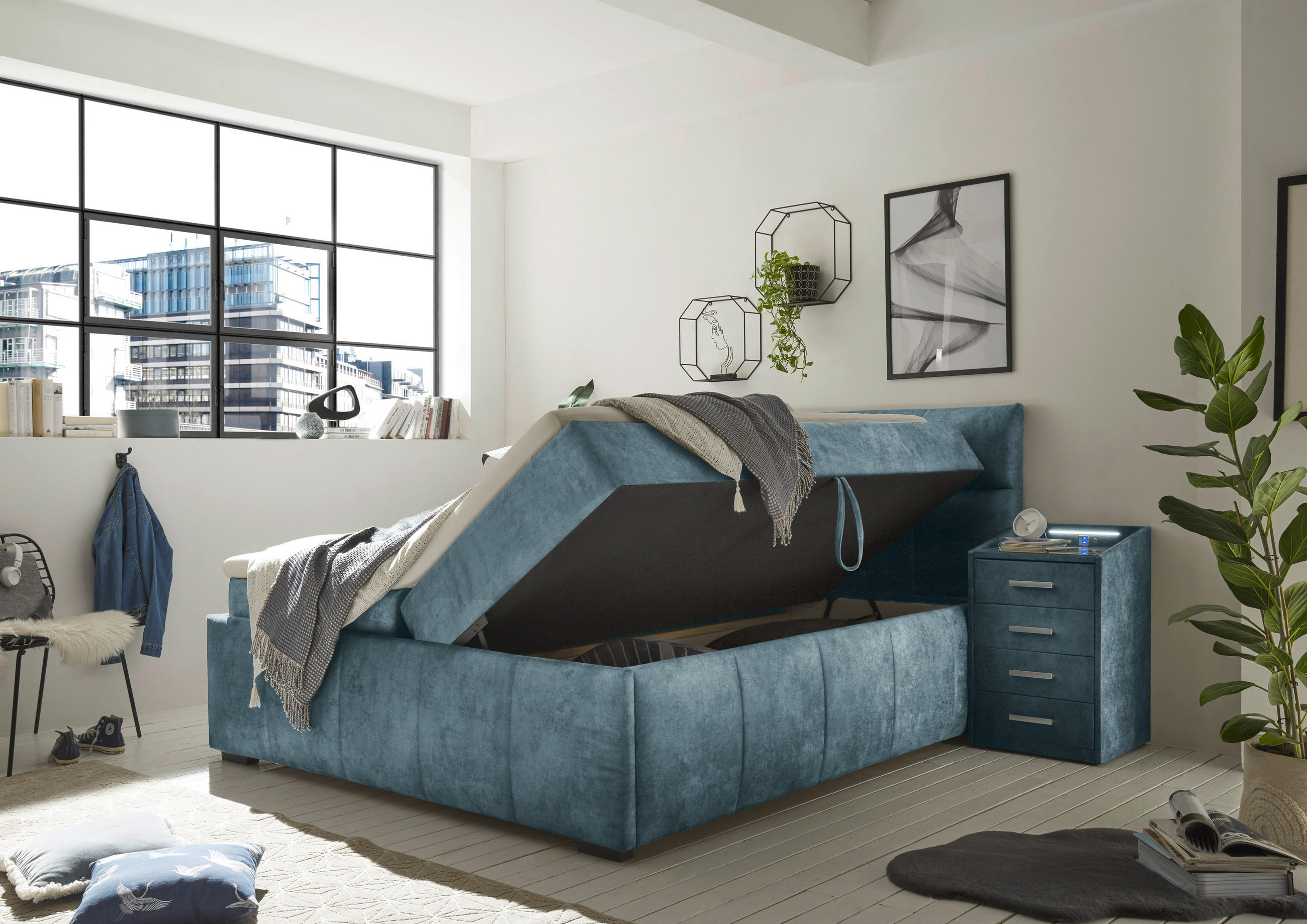 Thumbnail - Modante Boxbett, Blau, Textil, H2, 180x200 cm, Bettkasten, Topper durchgehend, Schlafzimmer, Betten, Doppelbetten