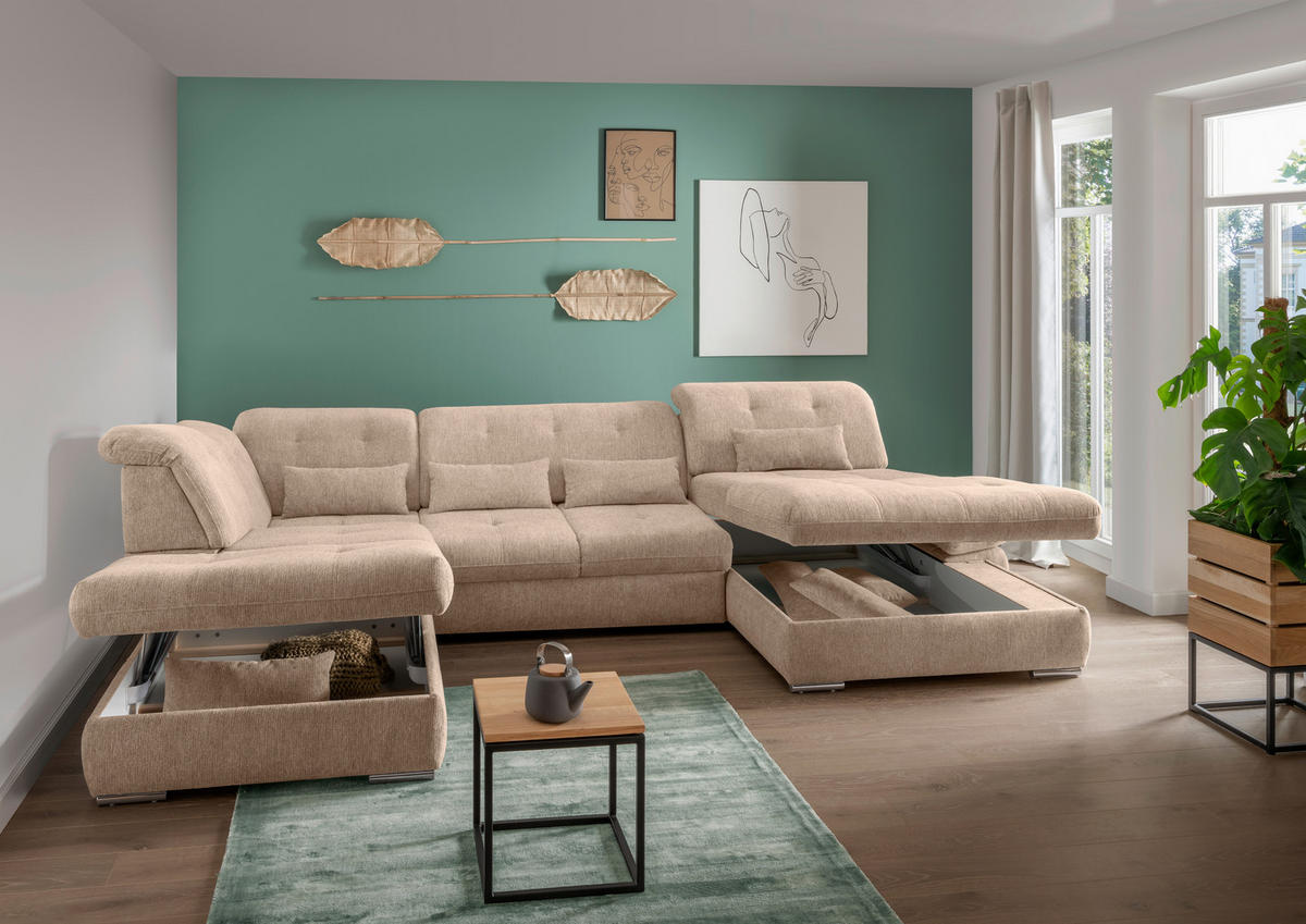 WOHNLANDSCHAFT in Chenille Hellbraun  - Chromfarben/Hellbraun, MODERN, Textil/Metall (254/376/195cm) - Livetastic