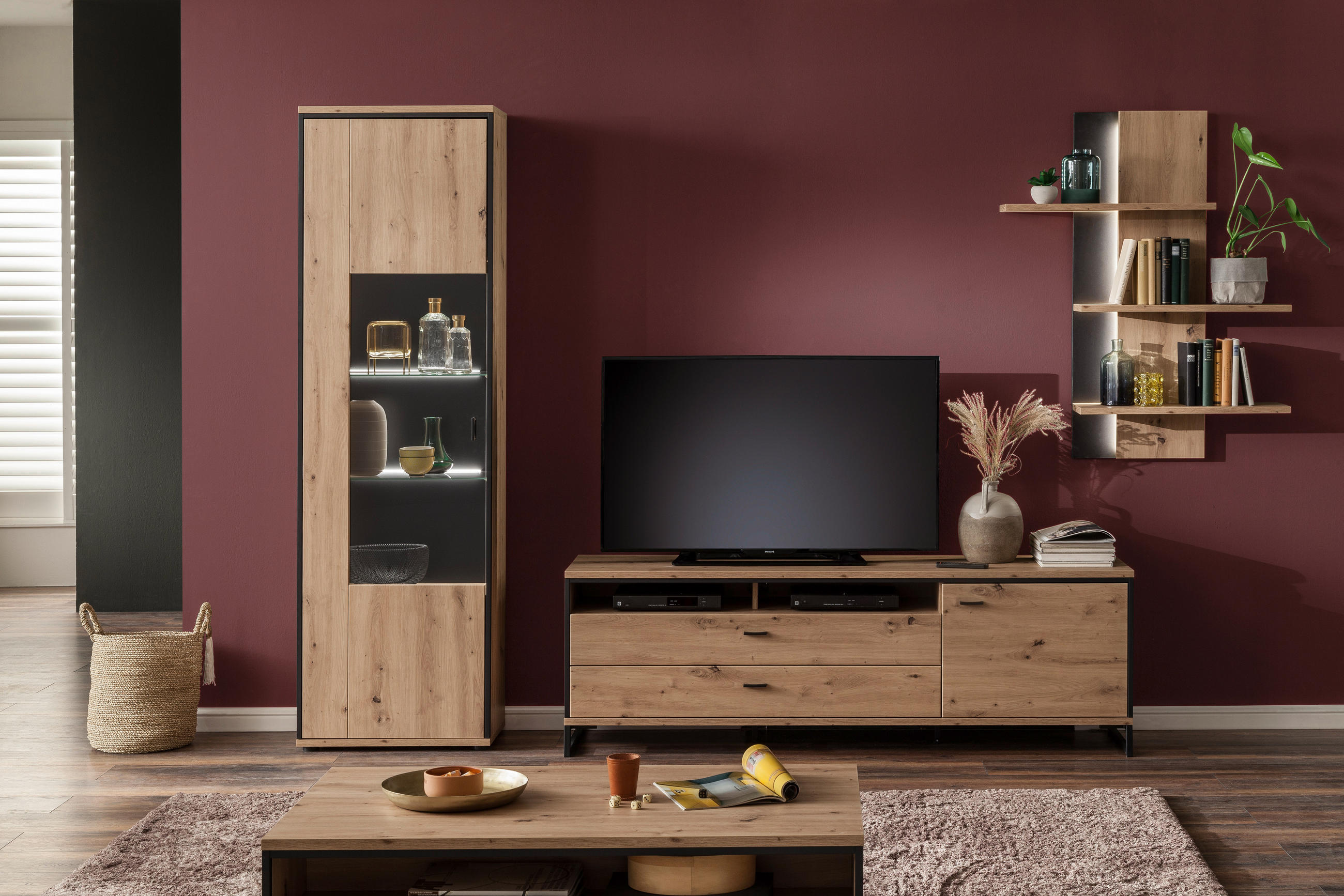 WOHNWAND  in Anthrazit, Eichefarben 307/210/50 cm  - Eichefarben/Anthrazit, Design, Glas/Holzwerkstoff (307/210/50cm) - MID.YOU