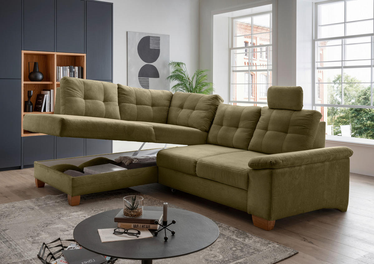 ECKSOFA in Cord Olivgrün  - Naturfarben/Olivgrün, Modern, Holz/Textil (206/274cm) - Livetastic