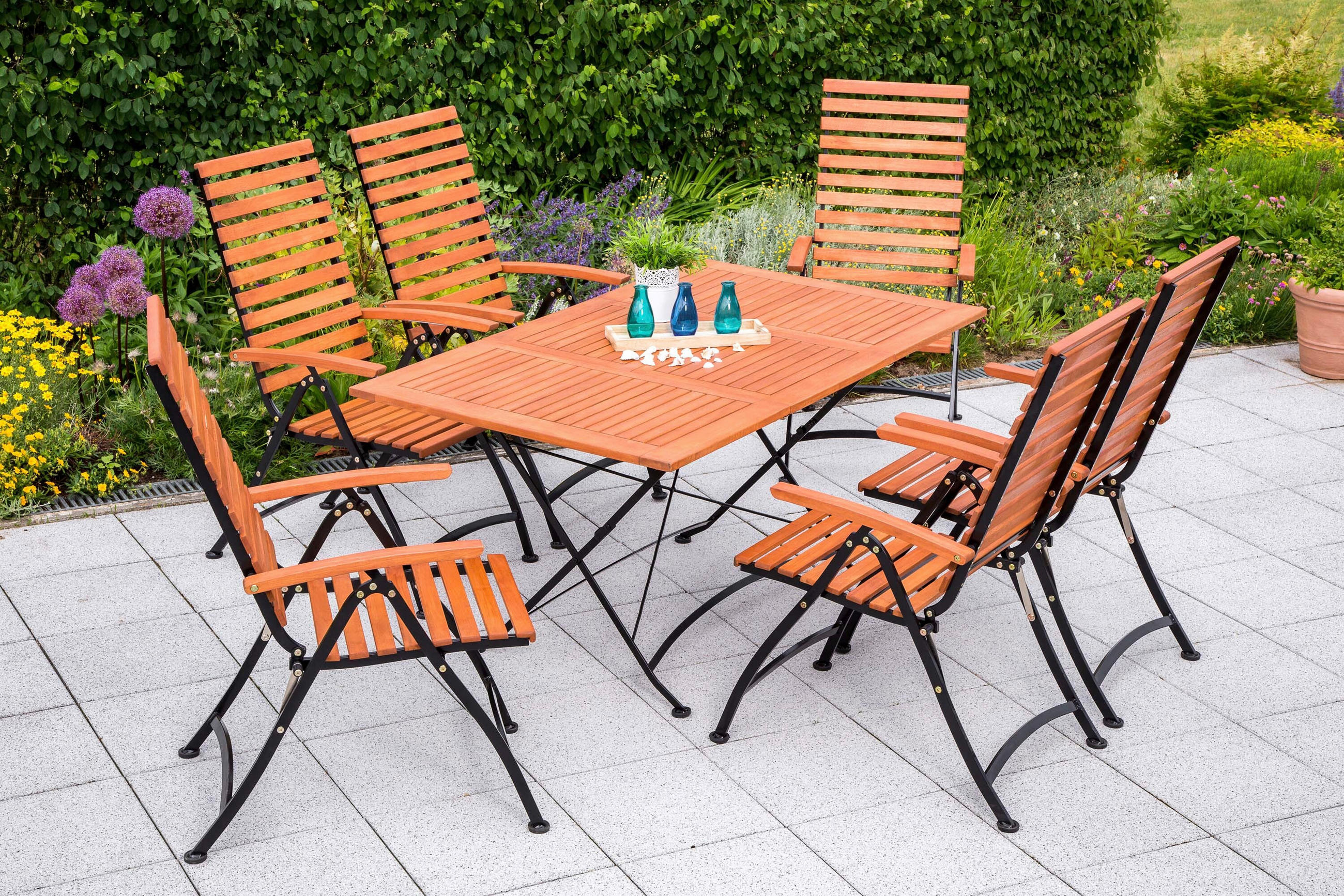 GARTENTISCHGRUPPE EukalyptusholzHartholz Stahl  - Schwarz/Naturfarben, KONVENTIONELL, Holz/Metall - Gardenson