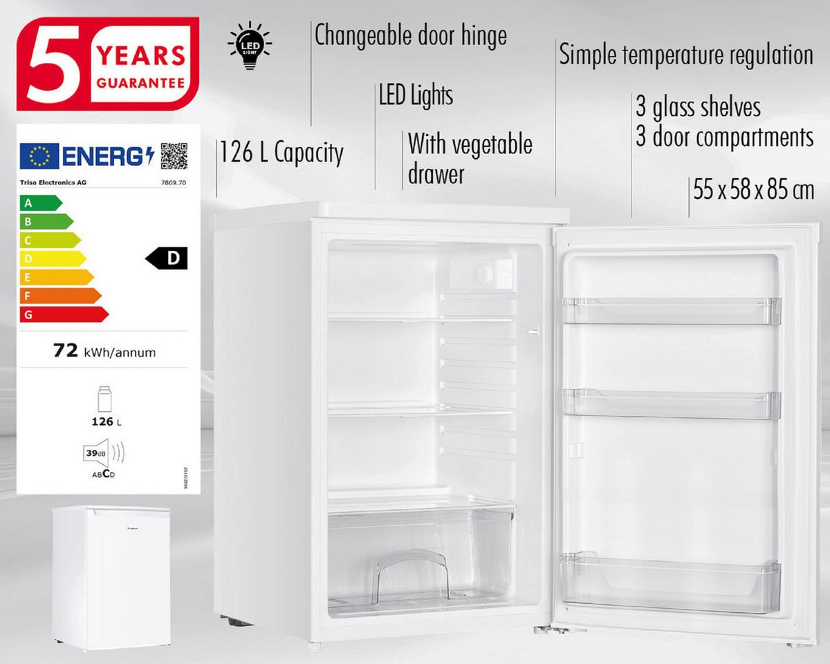 KÜHLSCHRANK 55/58/85 cm 7809.7012  - Weiß, KONVENTIONELL, Glas/Kunststoff (55/58/85cm) - Trisa Electronics