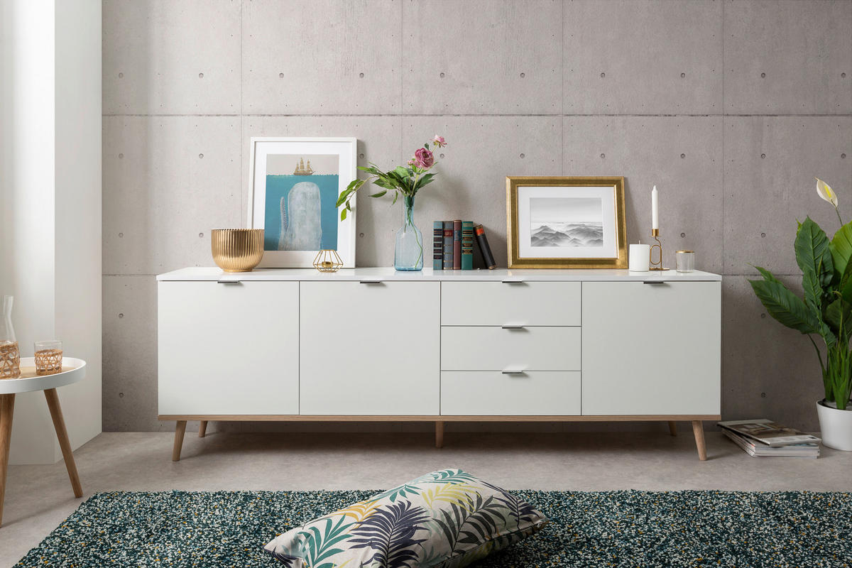 SIDEBOARD 200/68/40 cm  - vit/Sonoma ek, Klassisk, metall/trämaterial (200/68/40cm) - MID.YOU