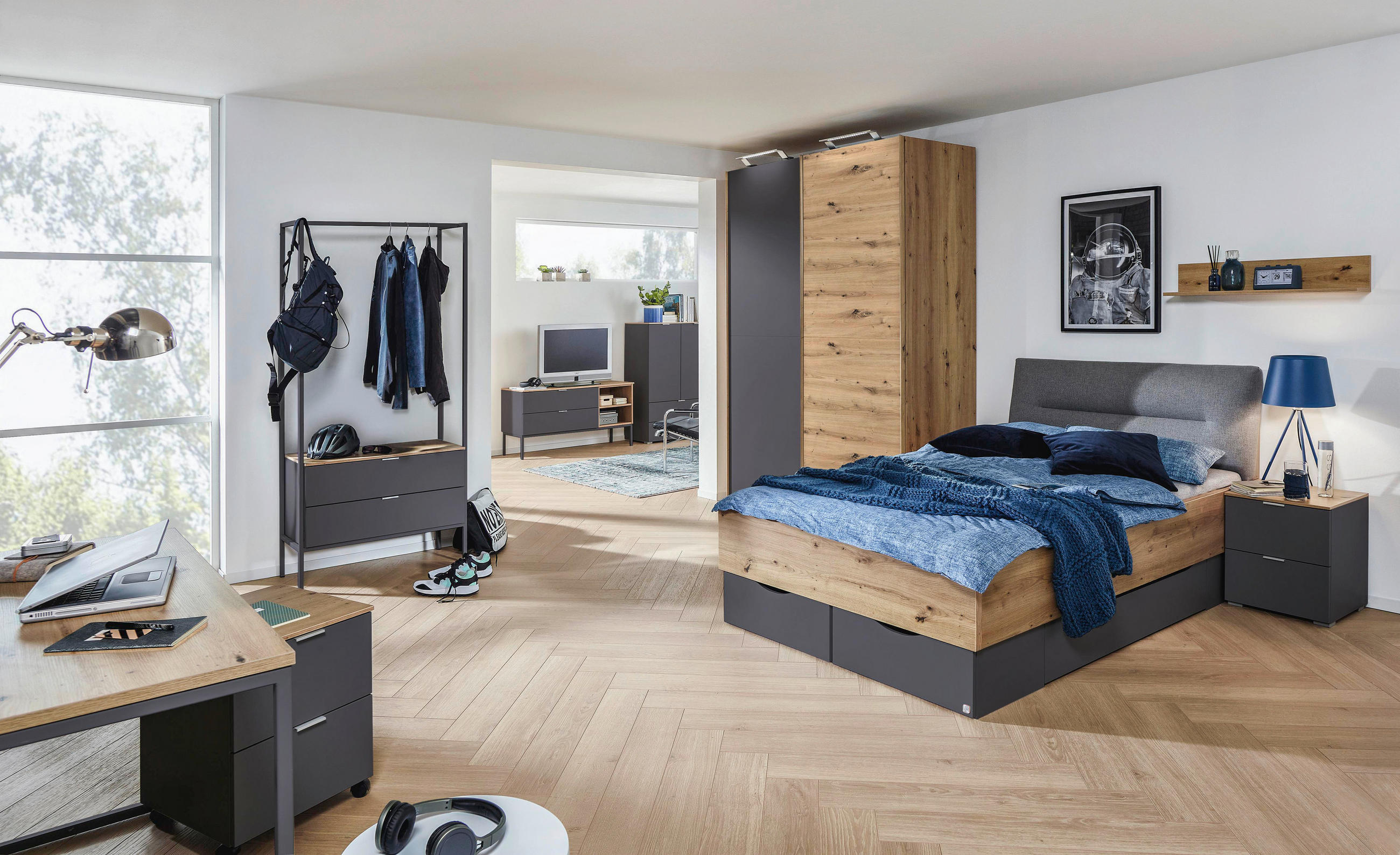 JUGENDZIMMER - Eichefarben/Hellgrau, Design, Holzwerkstoff/Textil (120/200cm) - Stylife