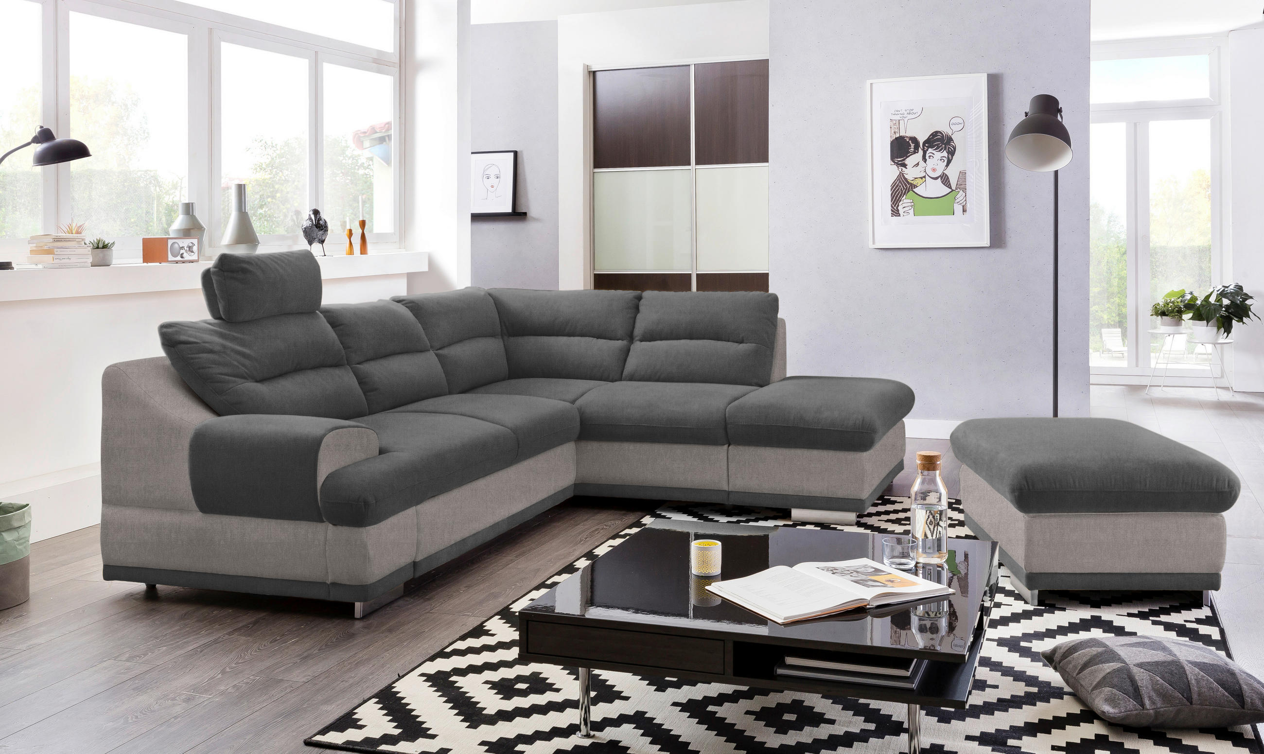 WOHNLANDSCHAFT Grau, Dunkelgrau Velours  - Chromfarben/Dunkelgrau, KONVENTIONELL, Textil/Metall (264/217cm) - MID.YOU