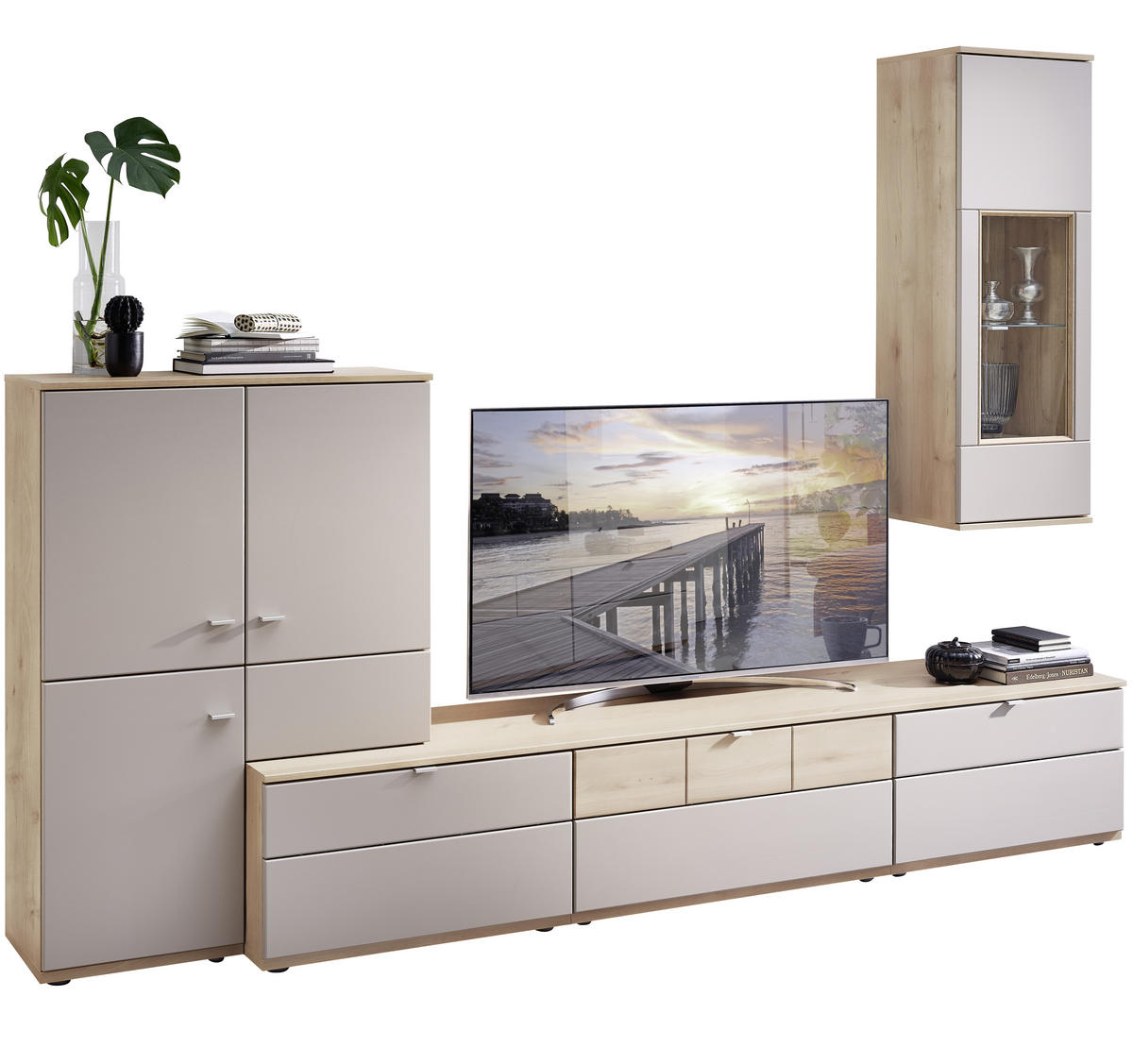 WOHNWAND  in Grau, Buchefarben  285/215/53 cm  - Silberfarben/Buchefarben, KONVENTIONELL, Glas/Holzwerkstoff (285/215/53cm) - Venda
