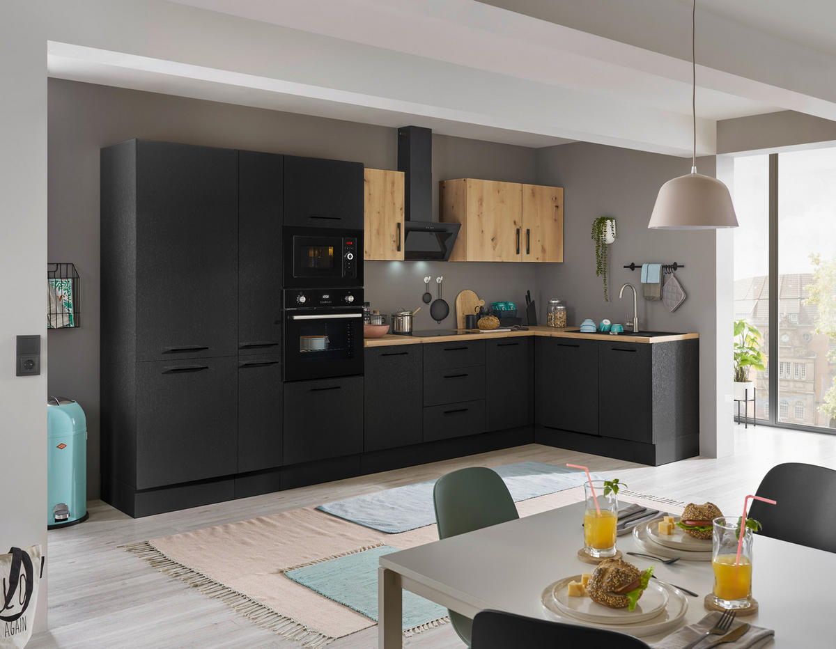 ECKKÜCHE 370/175 cm  in Schwarz, Eiche Artisan  - Schwarz/Eiche Artisan, Basics, Holzwerkstoff/Metall (370/175cm) - MID.YOU