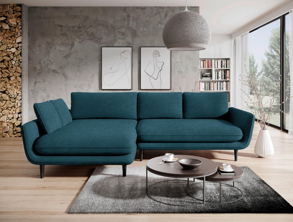 ECKSOFA in Velours Blau  - Blau/Schwarz, Design, Holz/Textil (167/260cm) - Welnova