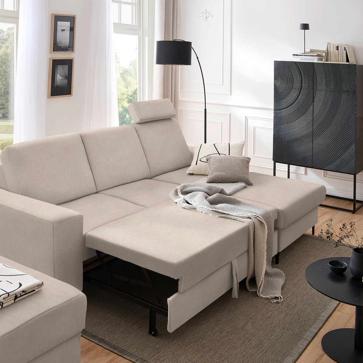 ECKSOFA in Velours Beige  - Beige/Schwarz, Konventionell, Textil/Metall (247/167cm) - Stylife