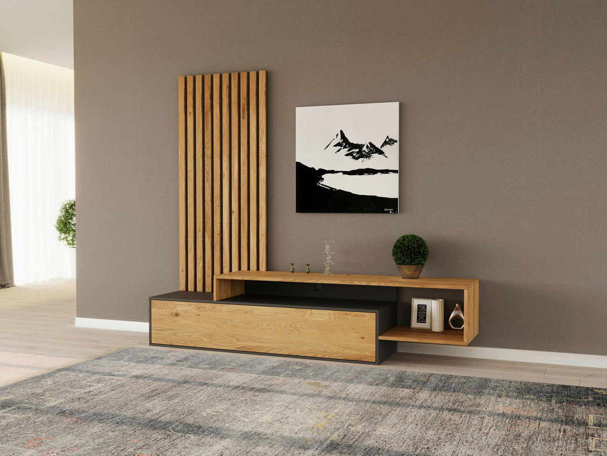WOHNWAND 3-teilig  in Anthrazit, Eichefarben  225/197,5/45 cm   - Eichefarben/Anthrazit, Natur, Holz/Holzwerkstoff (225/197,5/45cm) - Linea Natura